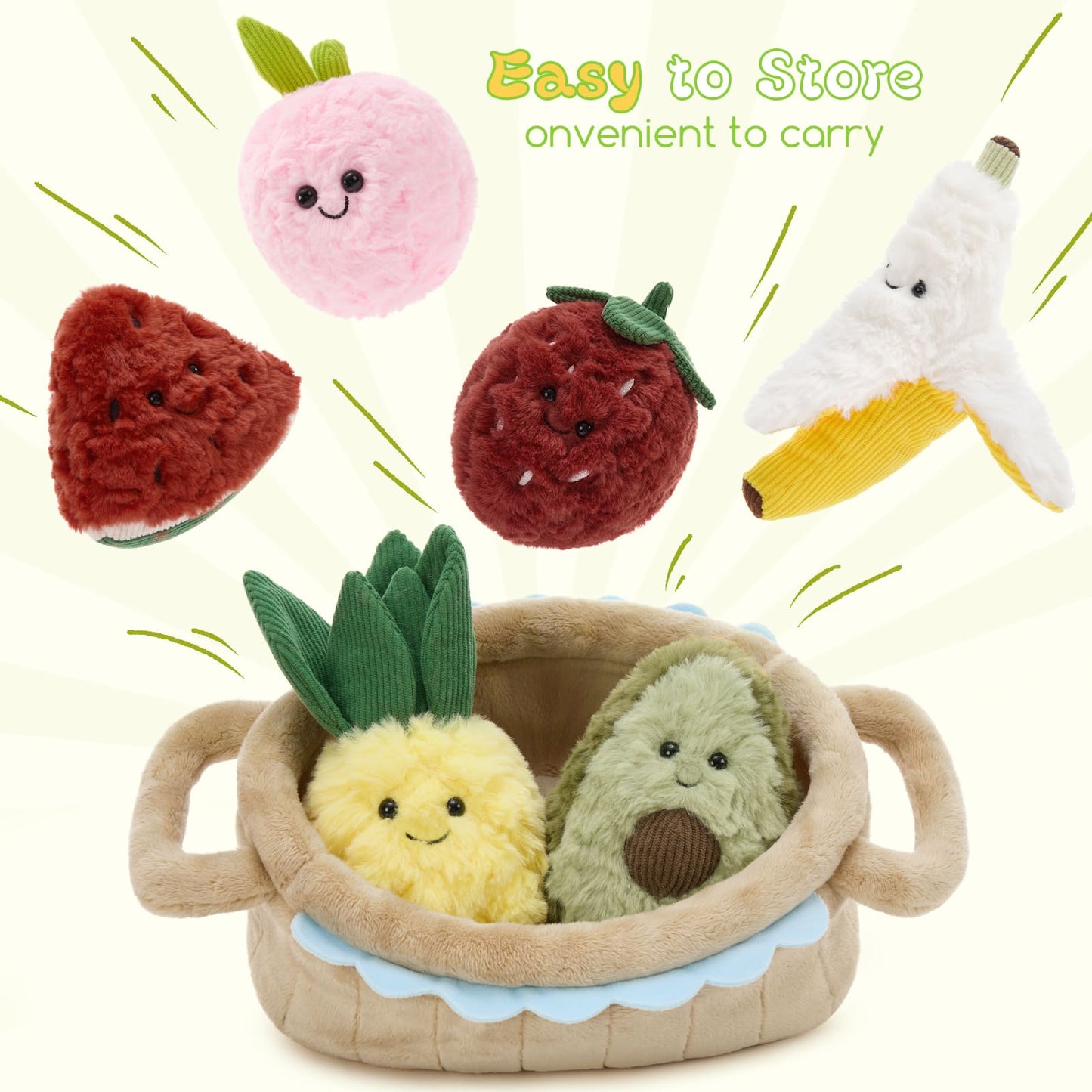 A plush basket with a stuffed banana, strawberry, pineapple, avocado, peach, and watermelon toy set - Kawaii Fruit Basket Plush Toy Set
