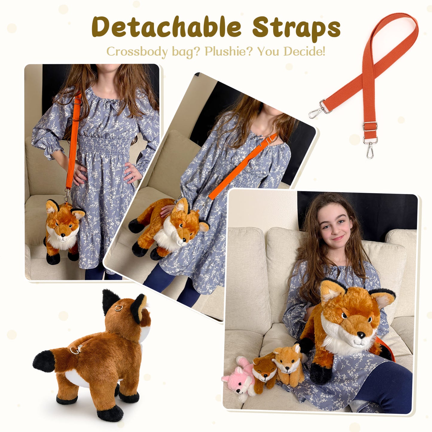 Cute and soft fox-themed crossbody bag featuring three tiny baby fox plushies, ideal for kids, plush collectors, or playful everyday accessory