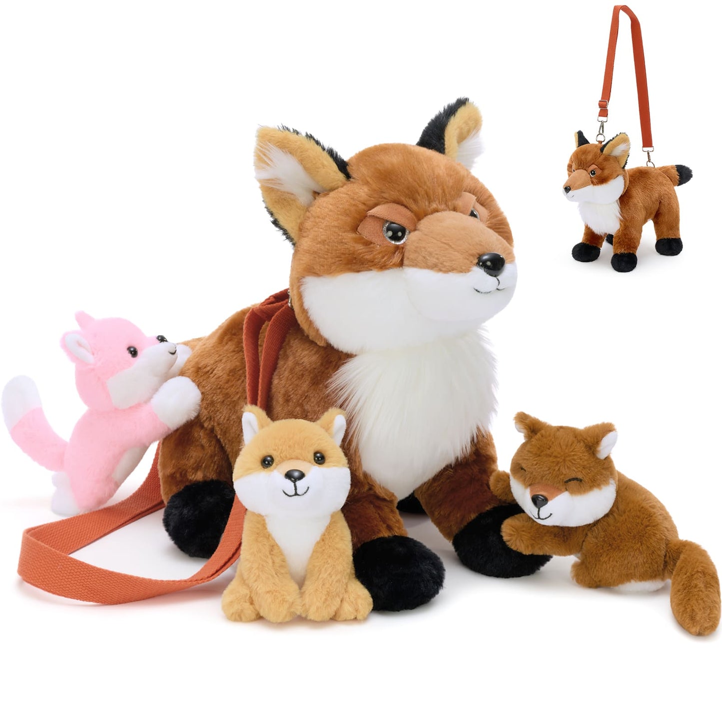 Adorable fox plush crossbody bag with three mini baby fox plush toys inside, soft and cuddly kids backpack, perfect for school, outings, and gifts for children