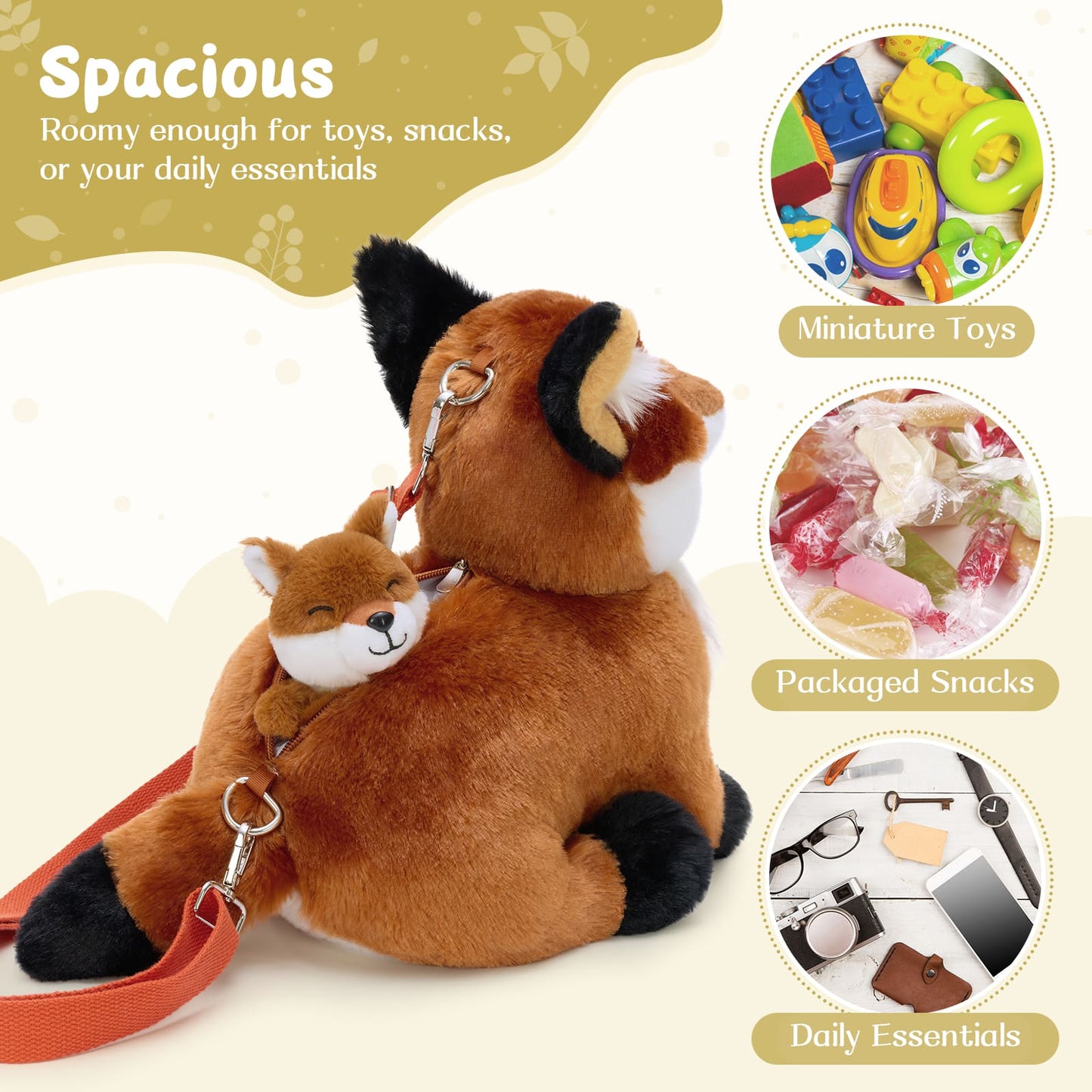 Fox plush crossbody bag with three mini stuffed fox toys, lightweight and durable, perfect for school, playdates, or gifting to children and plush lovers