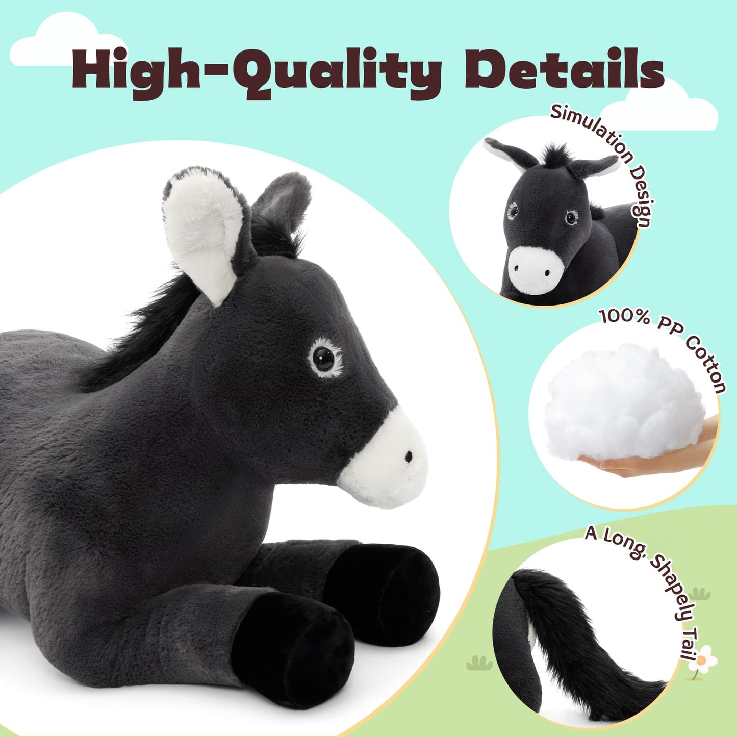 Cute giant donkey plush toy gift for kids, extra large stuffed farm animal perfect for birthdays, Christmas gifts, baby showers, nursery decoration, and children who love animal toys