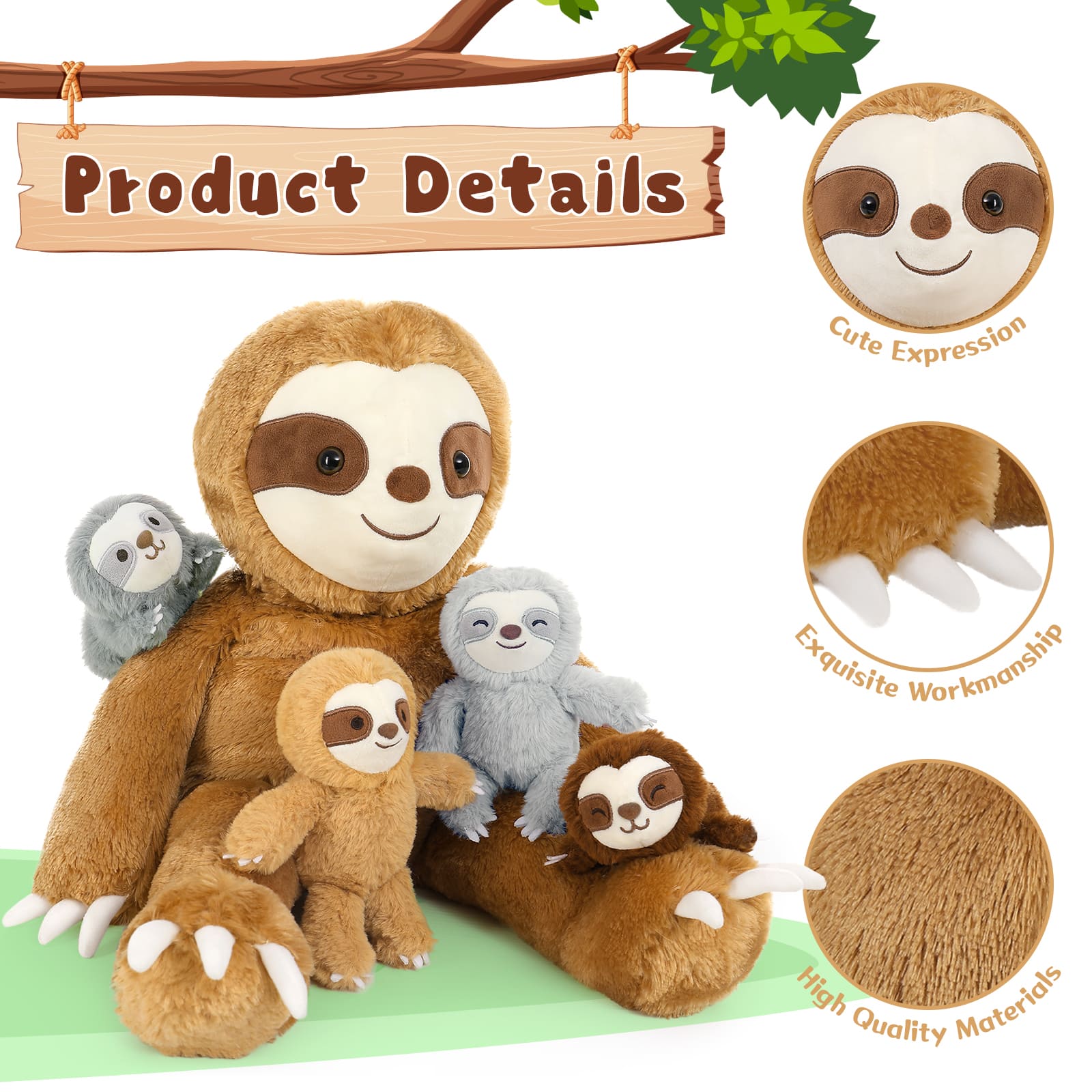 Sloth Stuffed Animal Toys, Dark Brown, 24 Inches