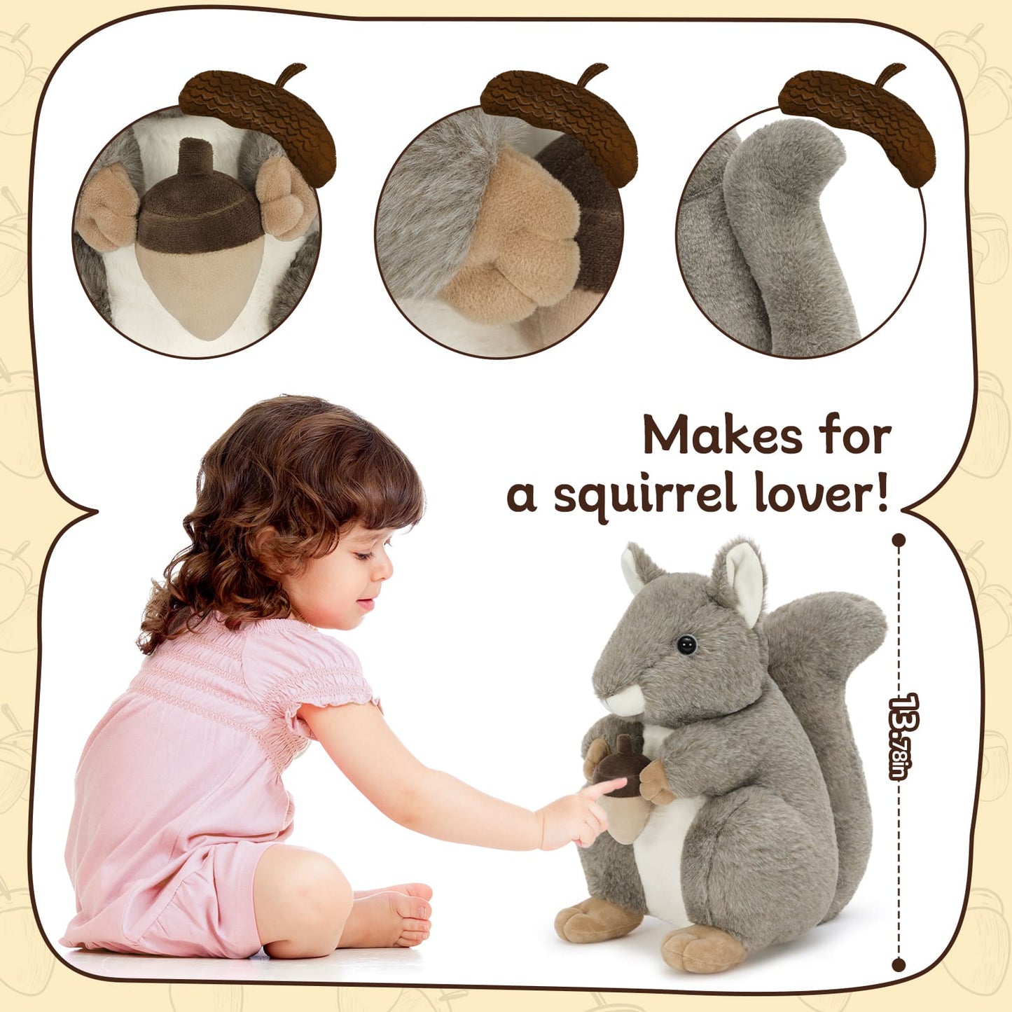 Realistic Squirrel Plush Toy, Brown/Gray, 13.78 Inches