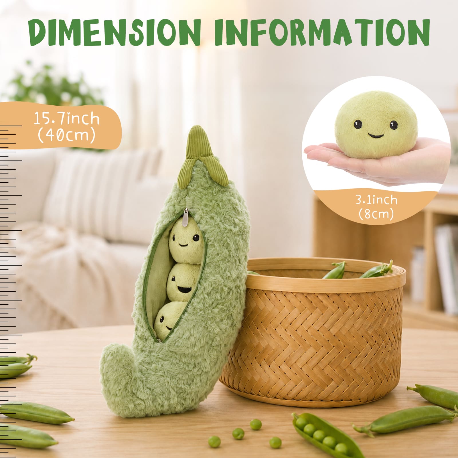 15.7 Inch Lifelike Pea Pod Plush Toy with 3 Removable Beans