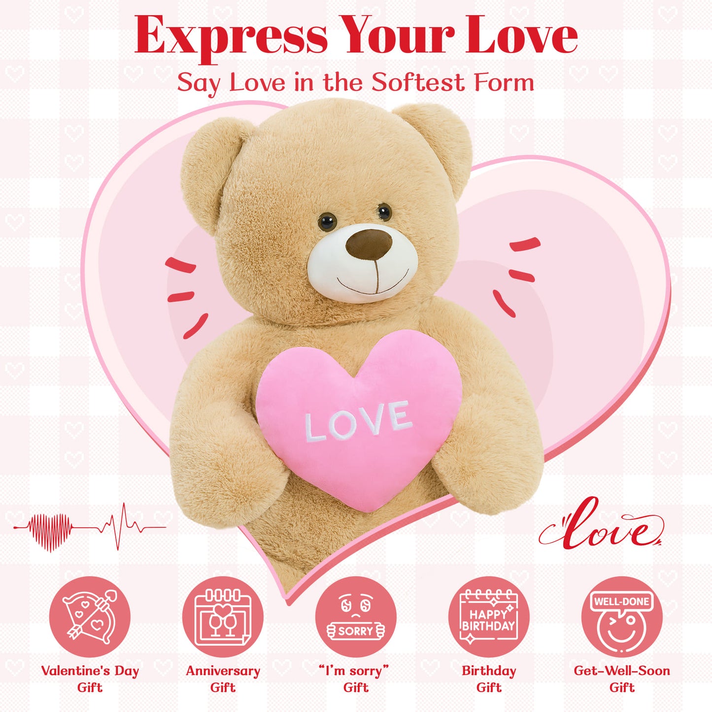 51 inch giant teddy bear holding pink love heart, oversized soft plush teddy bear gift for Valentine’s Day, anniversary, and romantic occasions