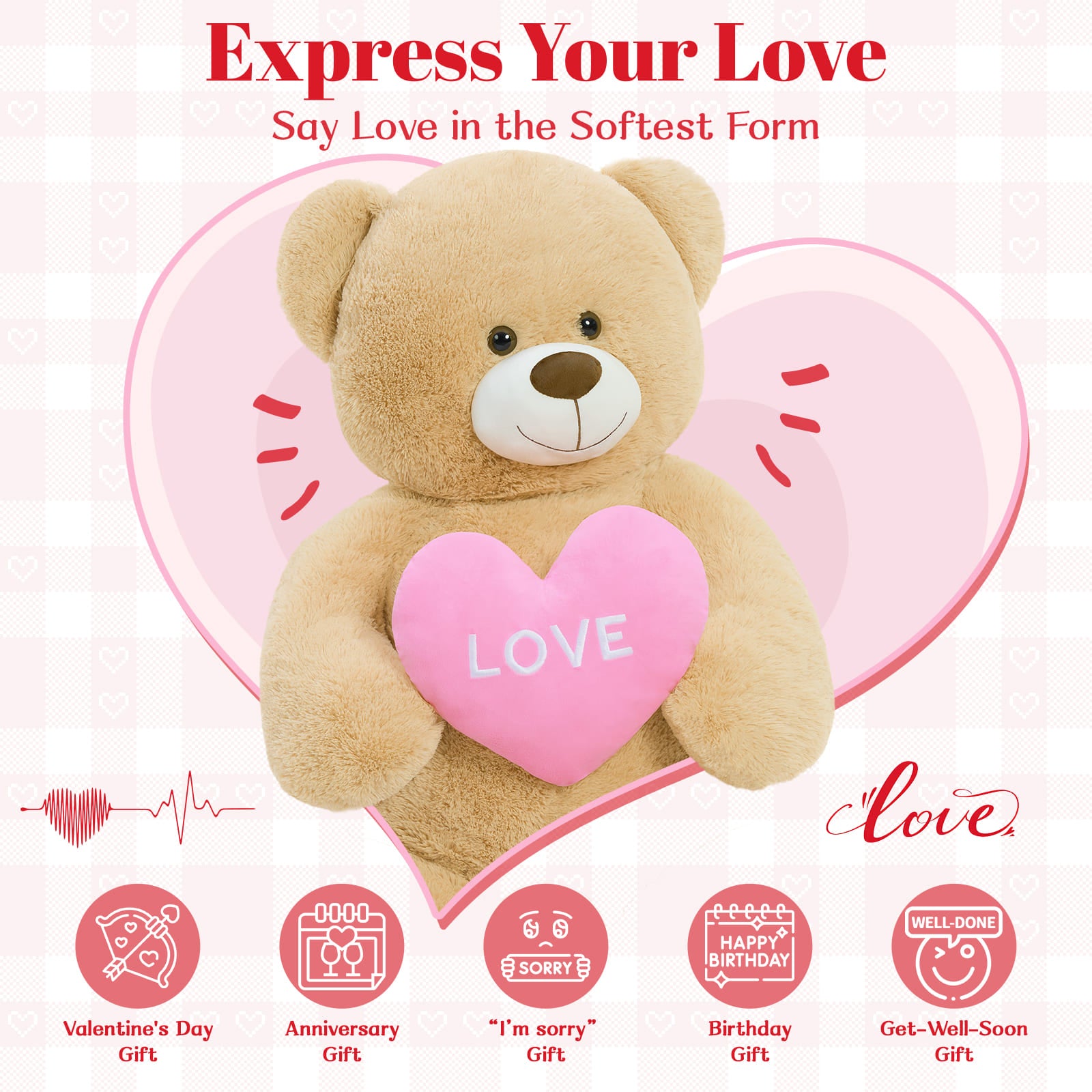 Teddy Bear Love Valentine's Day Gift, Light Brown, 51 Inches