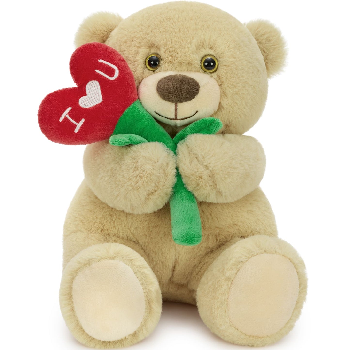 Cute teddy bear holding red heart flower with I love you text, soft plush teddy bear romantic gift for Valentine’s Day, anniversary, and special occasions