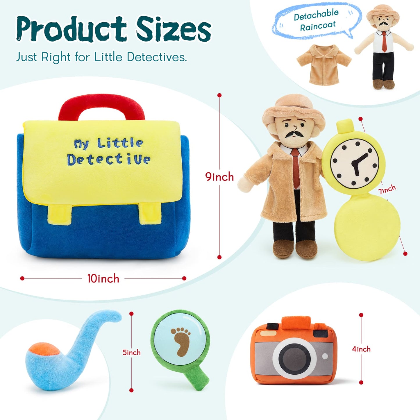 Children’s detective-themed plush toy set displayed on a white background, including a soft backpack labeled “My Little Detective,” a cute plush investigator figure, and interactive pretend play items such as a toy camera, magnifying glass with footprint icon, and clock accessories that encourage storytelling and mystery-solving fun.