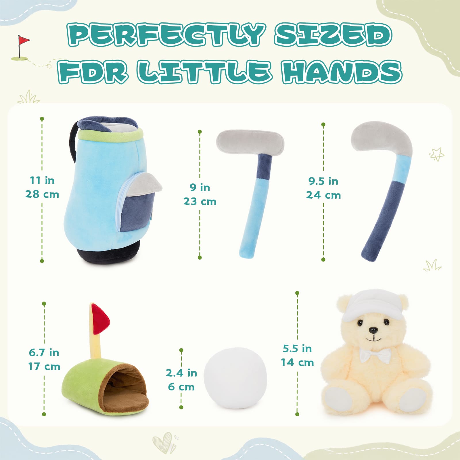 Soft Golf Toy Set with Golf Bag, Clubs, Ball, Hole & Teddy Bear Golfer