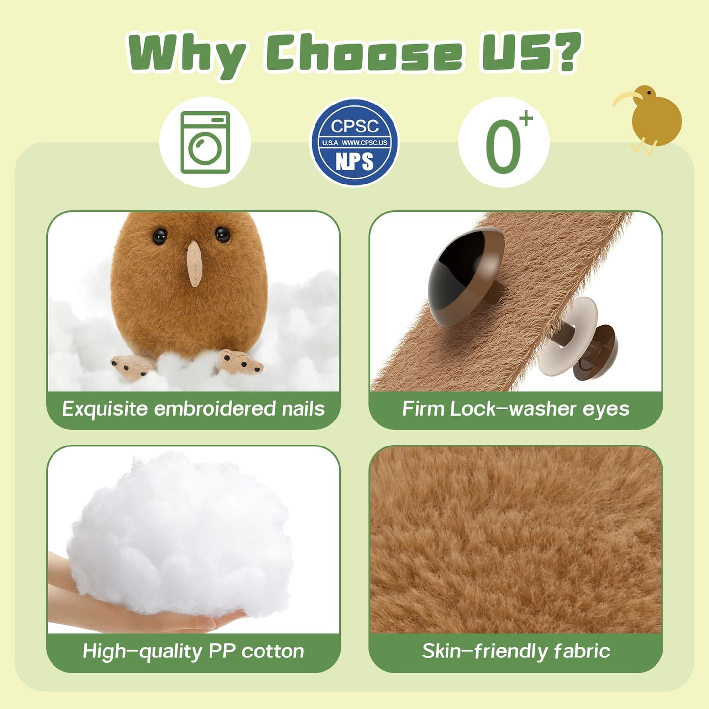 Kiwi product features with images and text on a green background