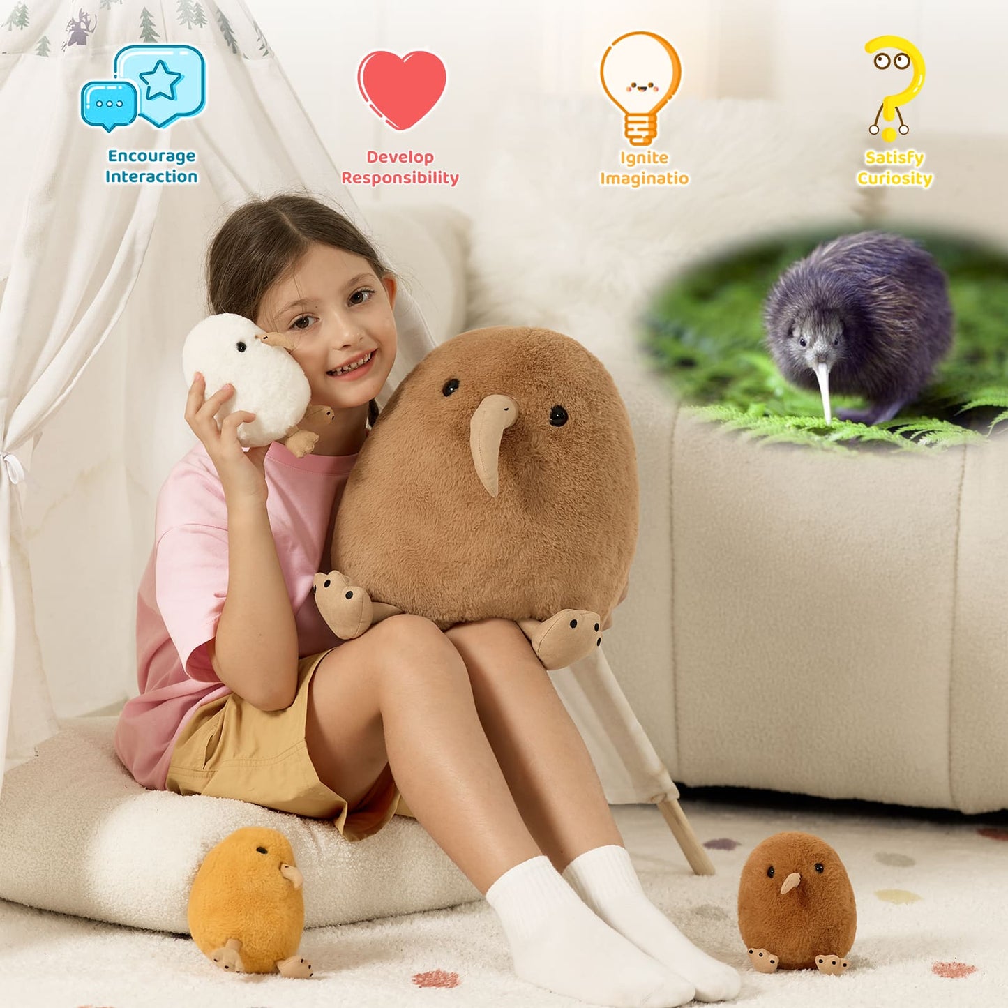Child holding a plush toy with educational icons and a kiwi bird in the background