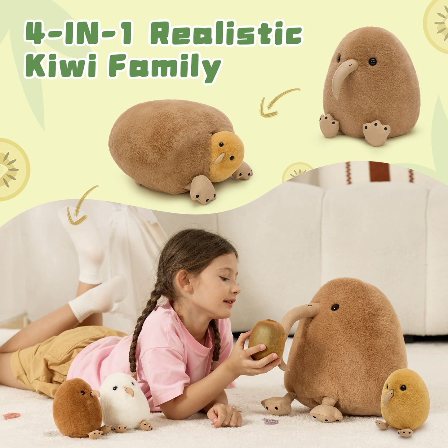 Girl playing with a set of 4-IN-1 Realistic Kiwi Family plush toys on a light green background.
