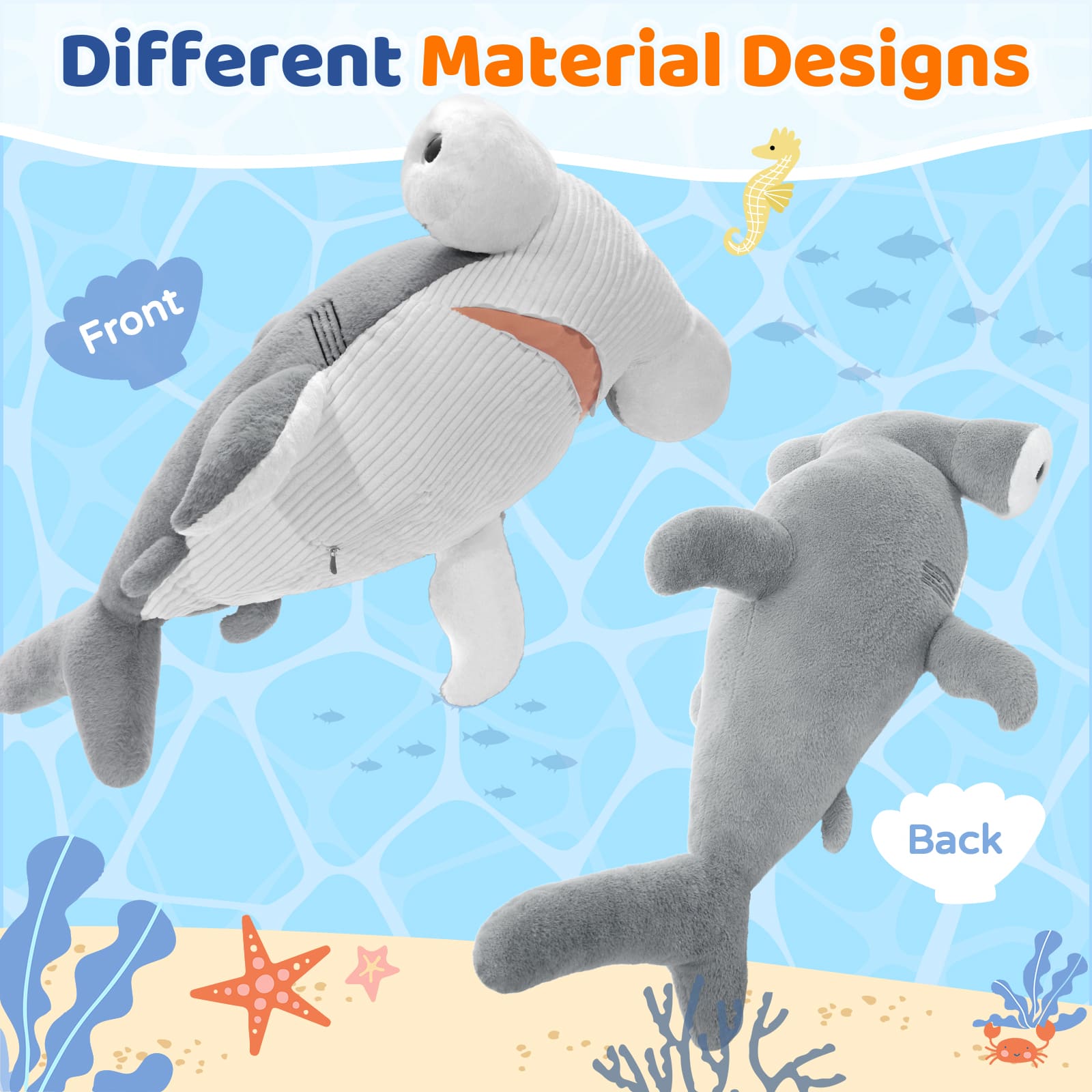 Giant Hammerhead Shark Plush Toy, Grey, 43.3 Inches