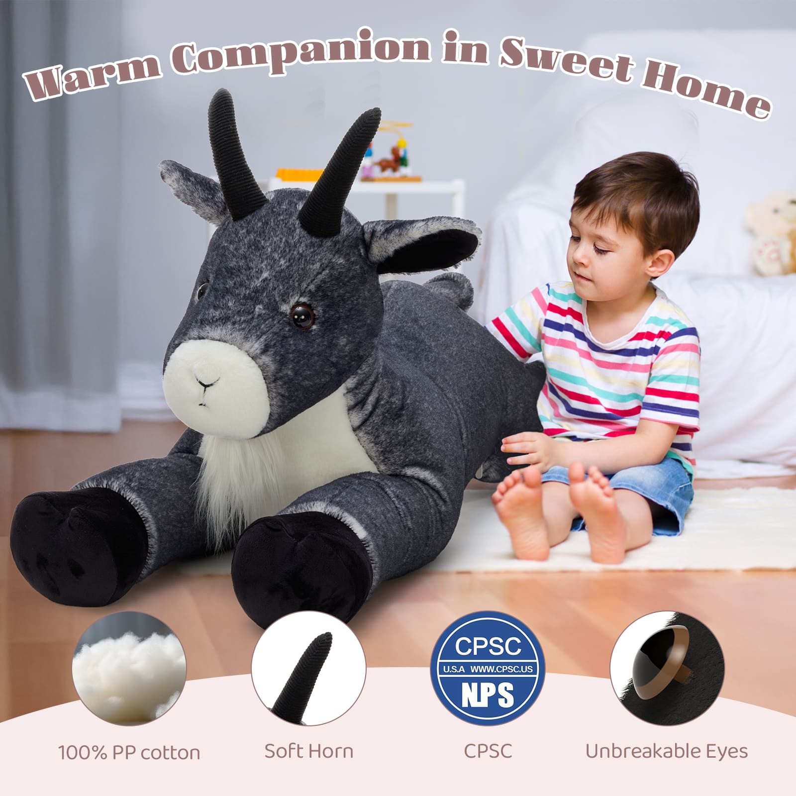 Large Realistic Goat Stuffed Animals Farm Plushies, Black, 39 Inches