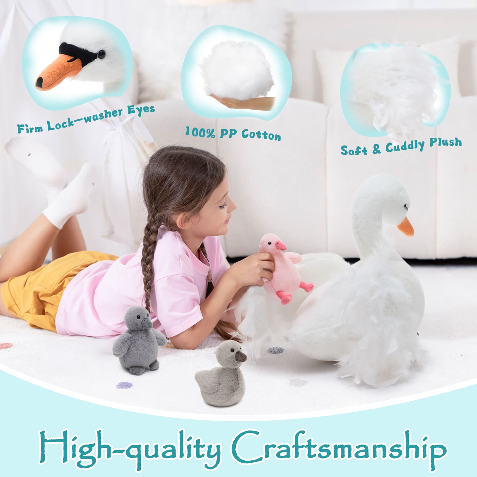 Big Stuffed Swan with Three Baby Cygnet Plush Toy Set
