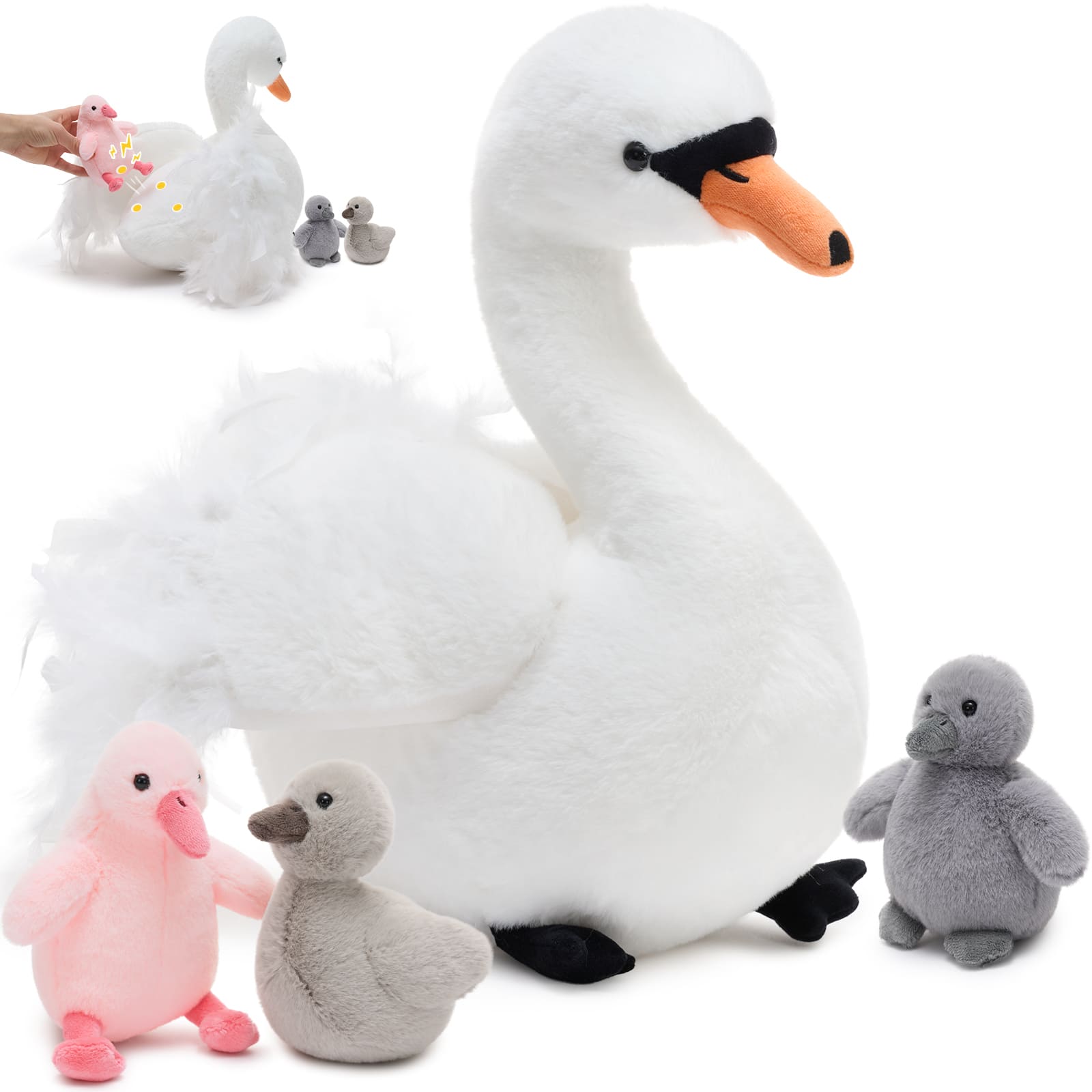 Big Stuffed Swan with Three Baby Cygnet Plush Toy Set