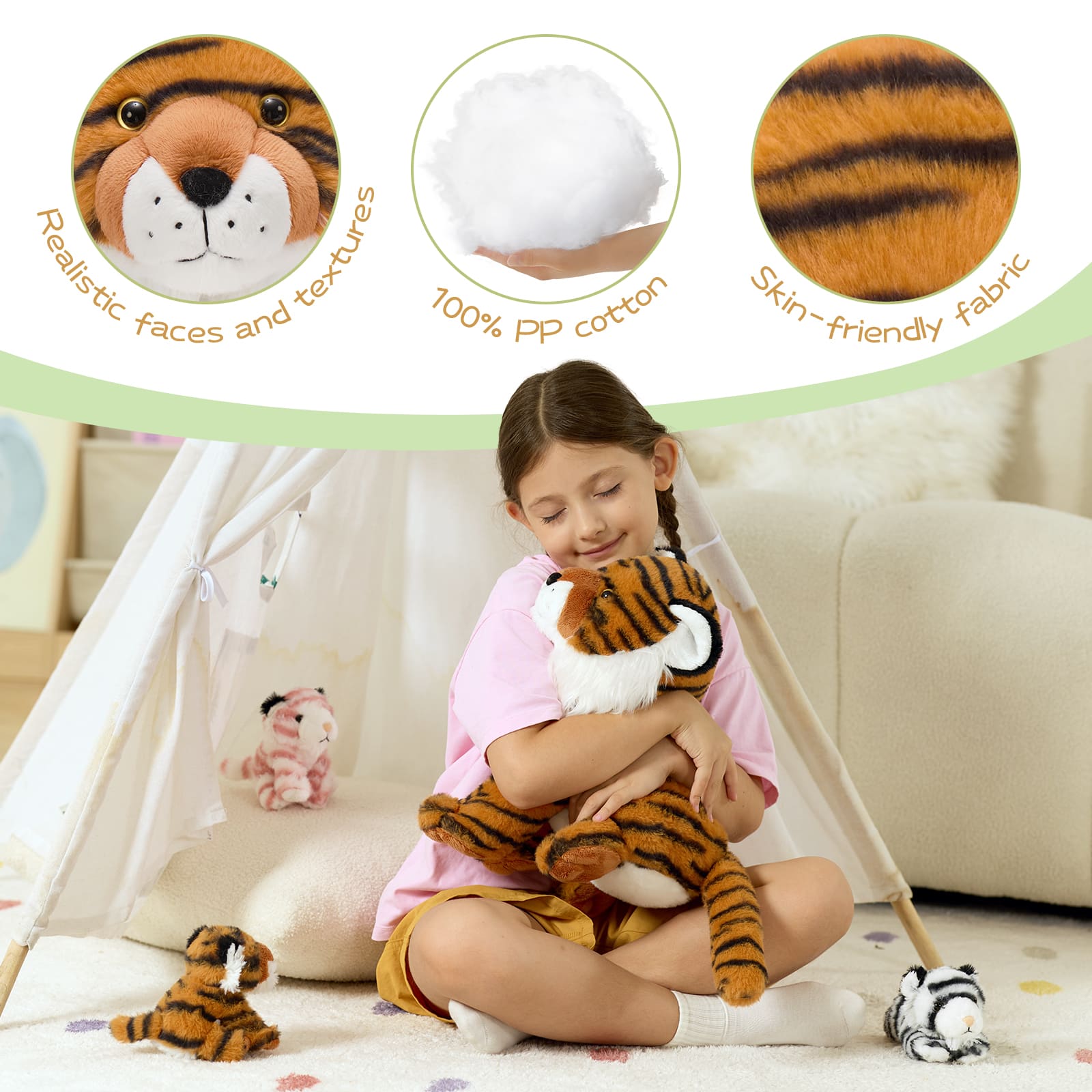Tiger Family Plush Toy Set 13" Stuffed Tiger With Three 4.7" Baby Tigers