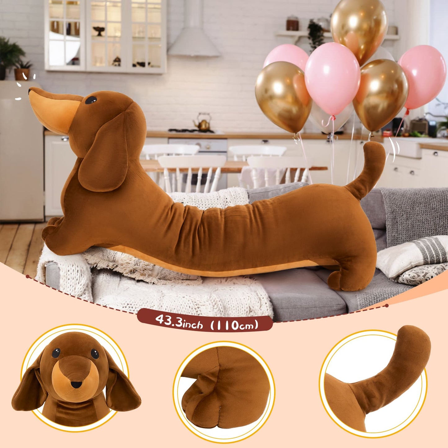 4 FT Giant Dachshund Long Plush Pillow - Dog Stuffed Animals Plush Toys - Body Pillows for Sofa Cushion - Birthday/Christmas Gift for Dog Lovers -  Giant Stuffed Animals - Free Shipping Now