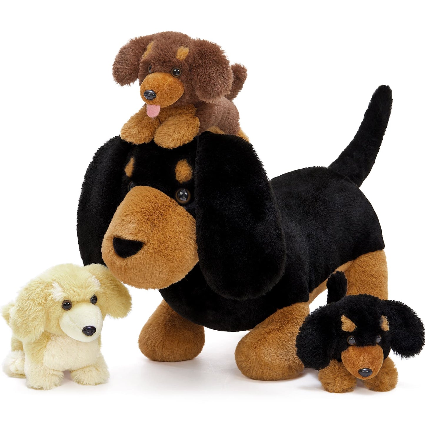Set of plush dogs in various sizes on a white background
