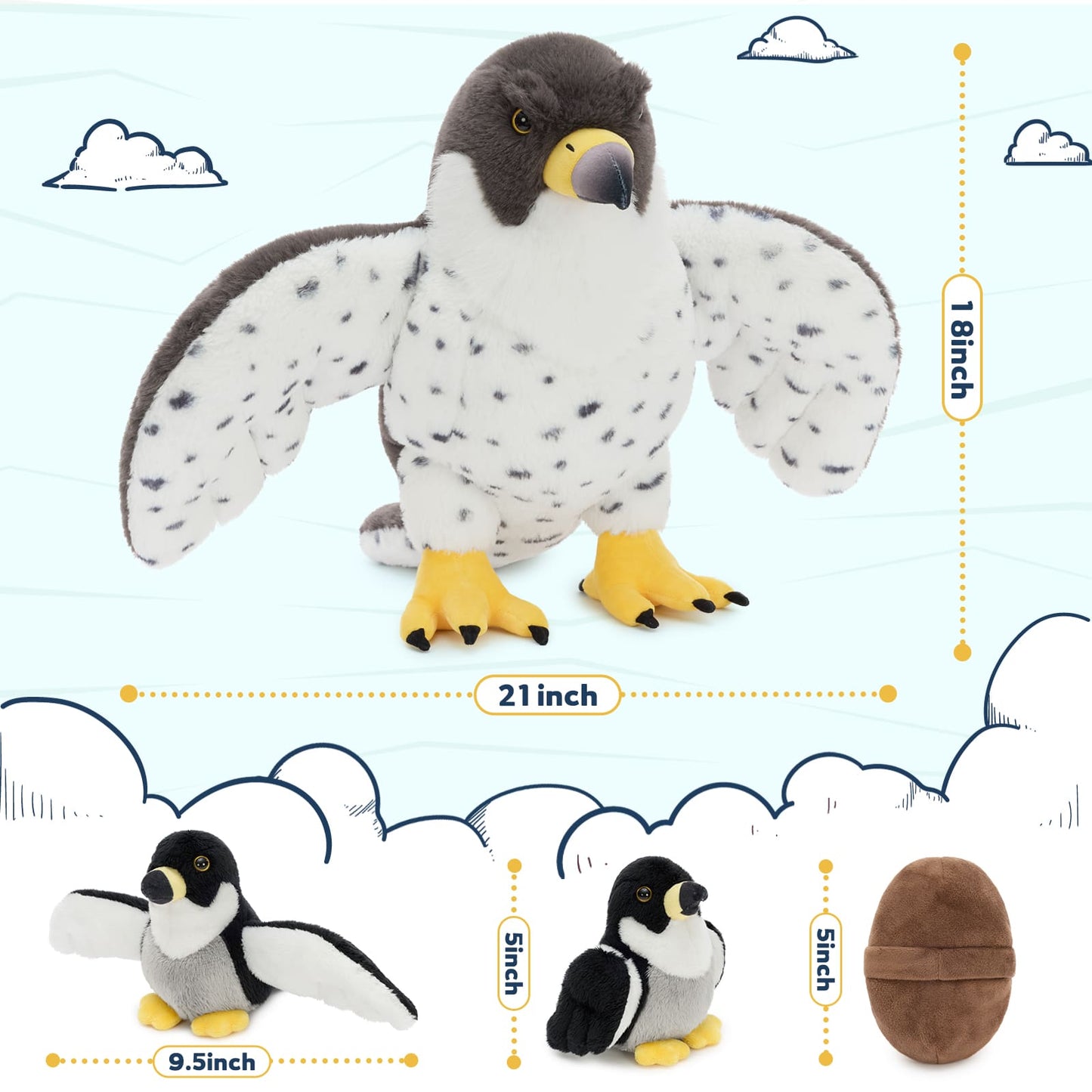 Peregrine Falcon Family Plush Set – Mama Falcon, 3 Chicks & Egg | Soft & Adorable Bird Plush Toys
