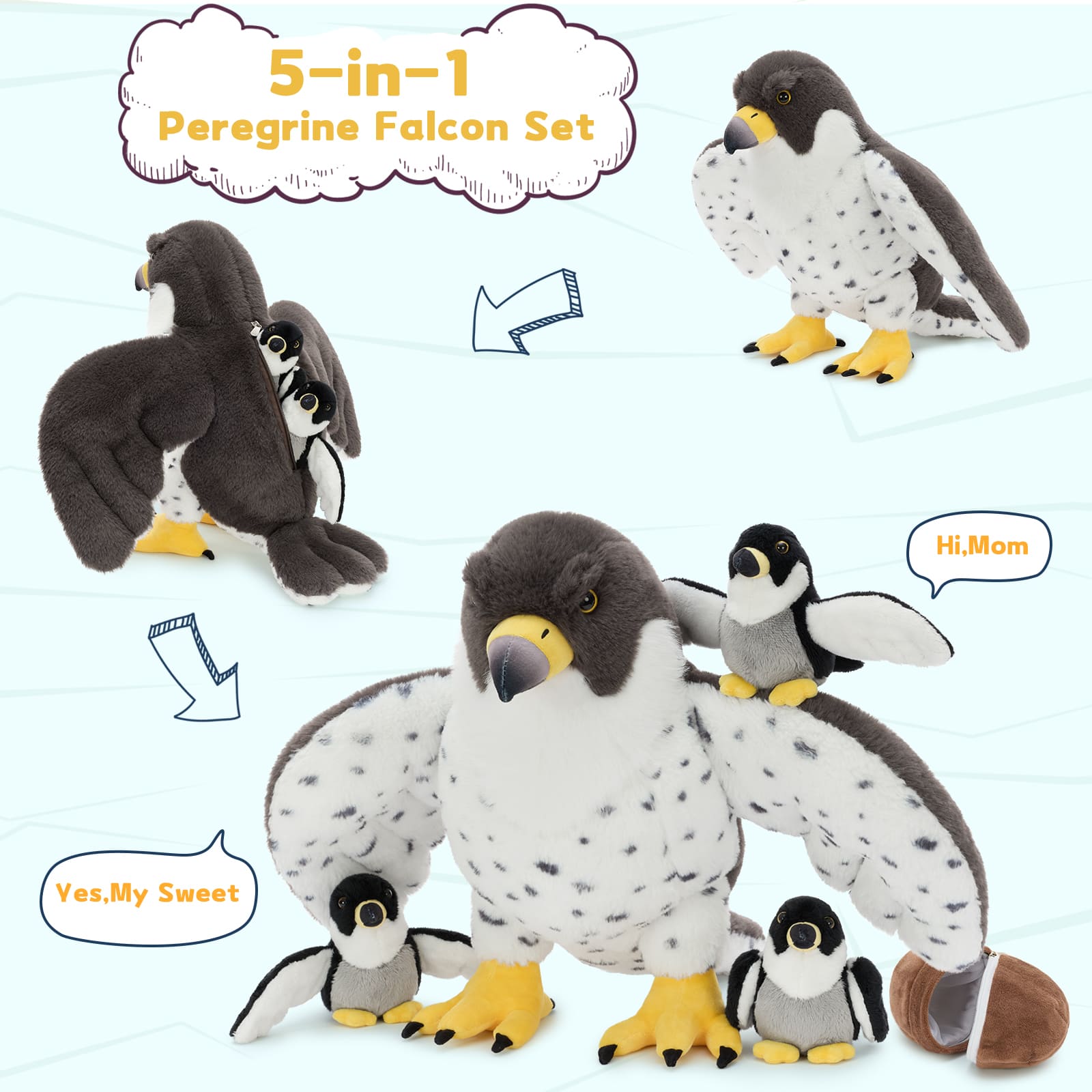 Peregrine Falcon Stuffed Animals with Babies Inside, 21 Inches
