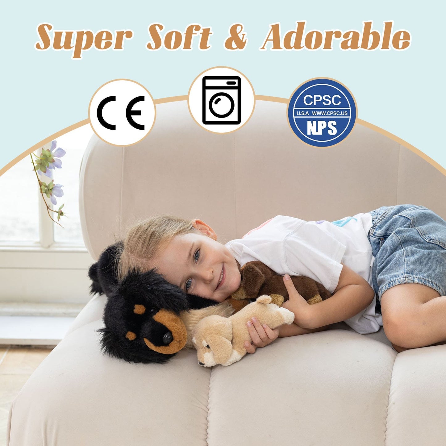 MorisMos 20'' Large Sausage Dog Stuffed Animal Mommy with Baby Puppy Toys for Kids, 3Pcs Realistic Long Hair Sausage Toys for Girl Boy Birthday Christmas