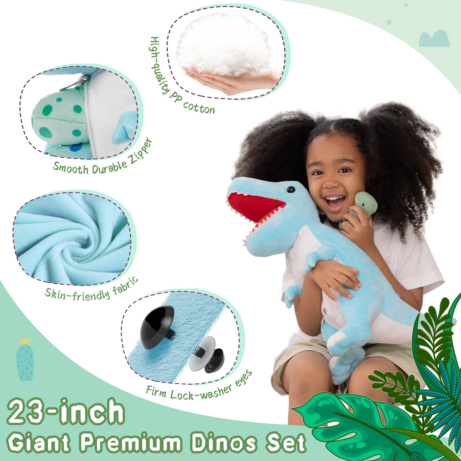 Dinosaur Stuffed Toy with 3 Baby Dinosaurs, Green/Pink/Grey, 23.6 Inches