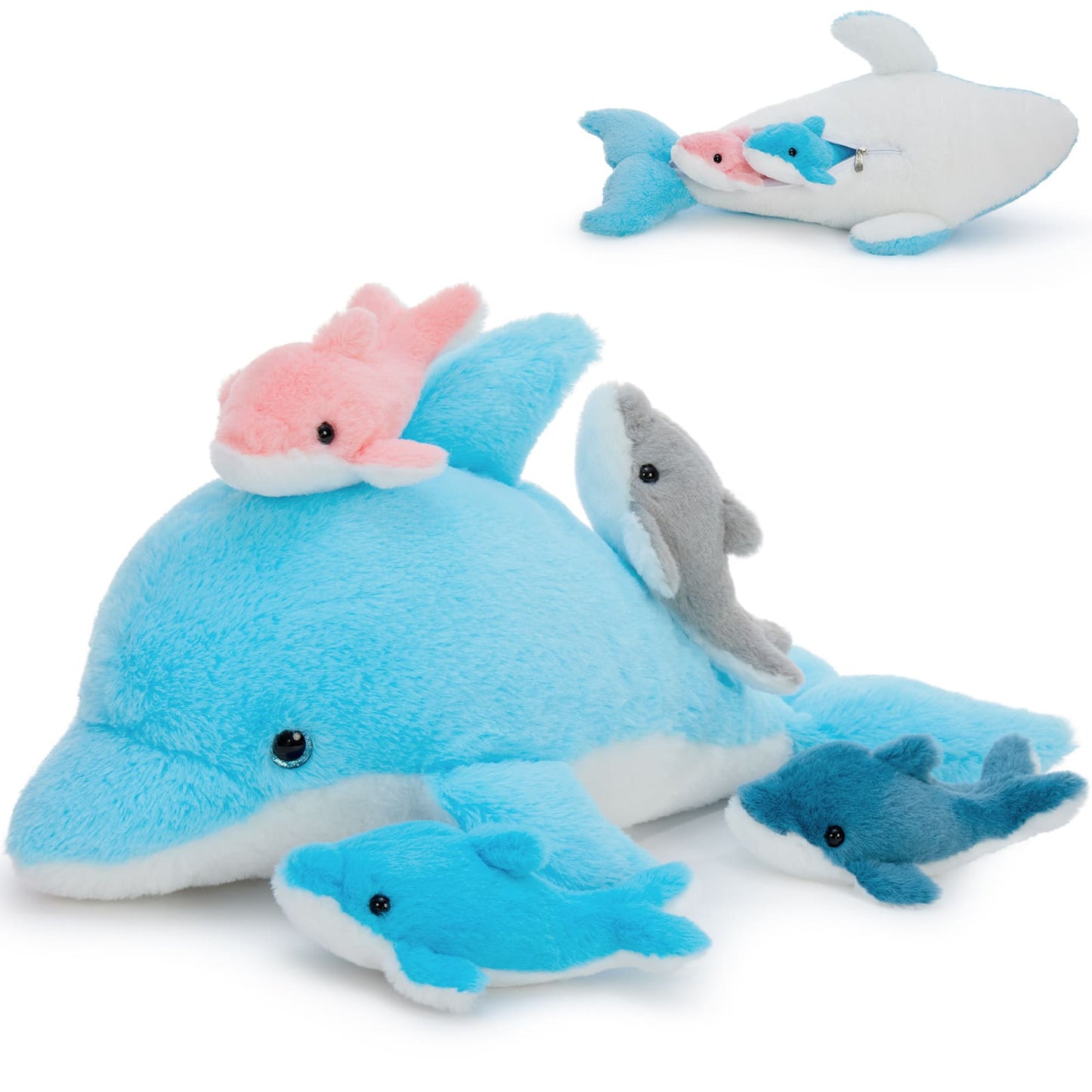 Dolphin Stuffed Animal with 4 Babies, 20.5" Large Dolphin Plush Toy Realistic Ocean Stuffed Animals Soft Plushies Home Decor Christmas Birthday Gifts for Boys Girls Kids