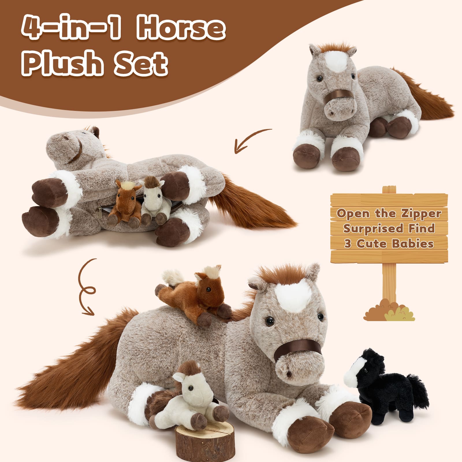 Horse Stuffed Animals Pony Plush Toys, Black/Brown, 17.72 Inches