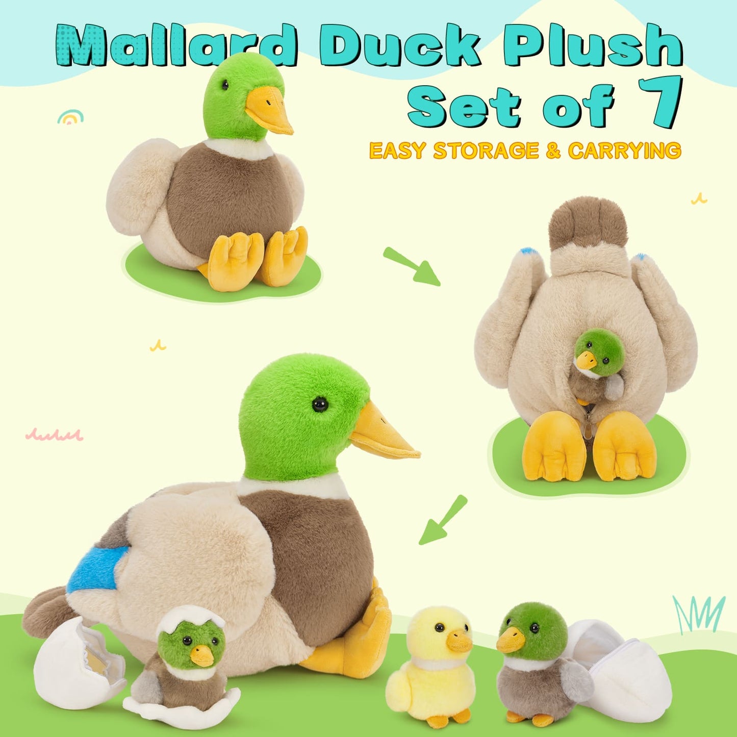 Realistic Mallard Duck Stuffed Animals - Lifelike Green Duck Plush Toys - 16 Inch Duck Plush Dolls - Stuffed Animal Babies with Their Moms - Cute Christmas/Birthday Gift For Children