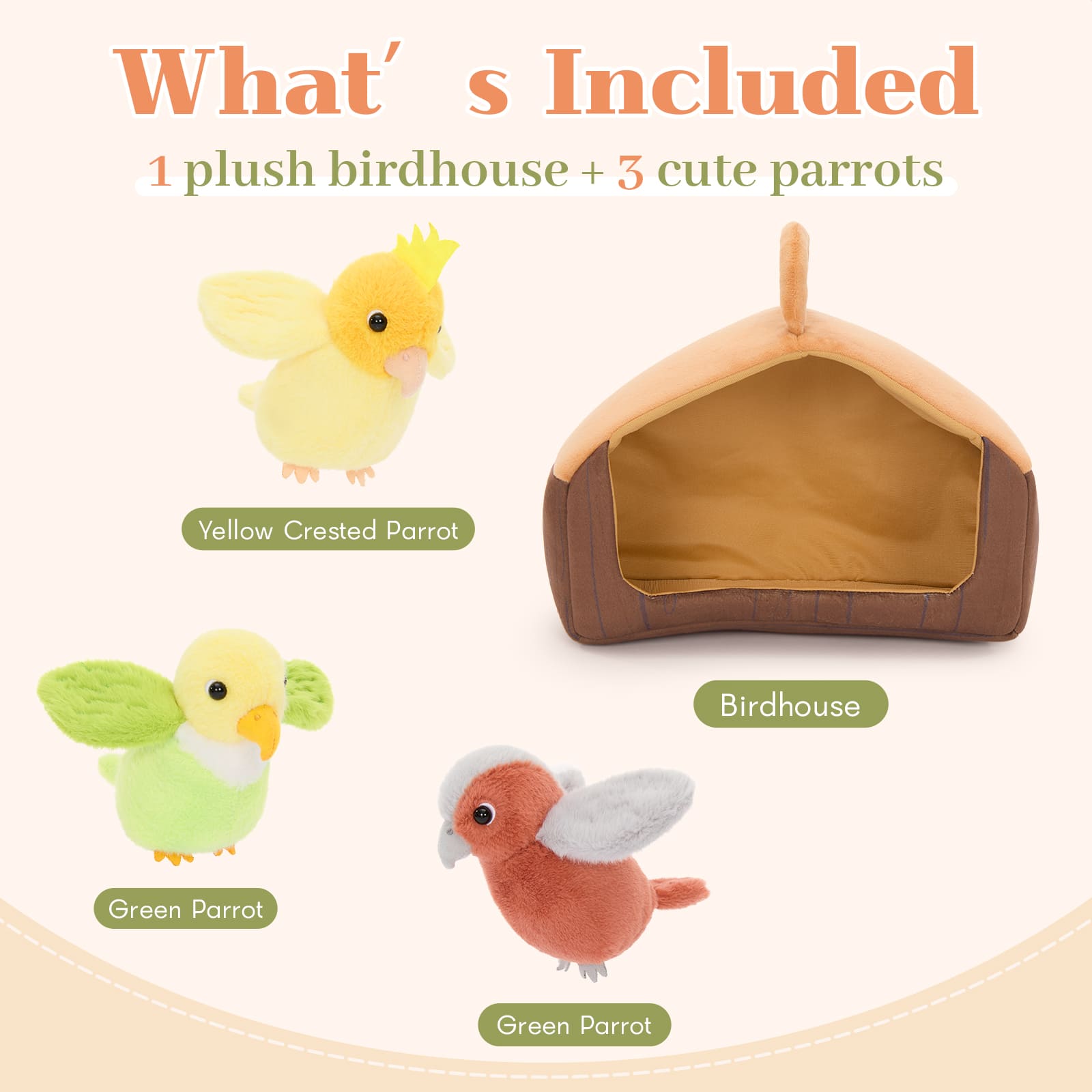 Three Cute Stuffed Parrots with Cozy Birdhouse Playset, 11.8 Inches