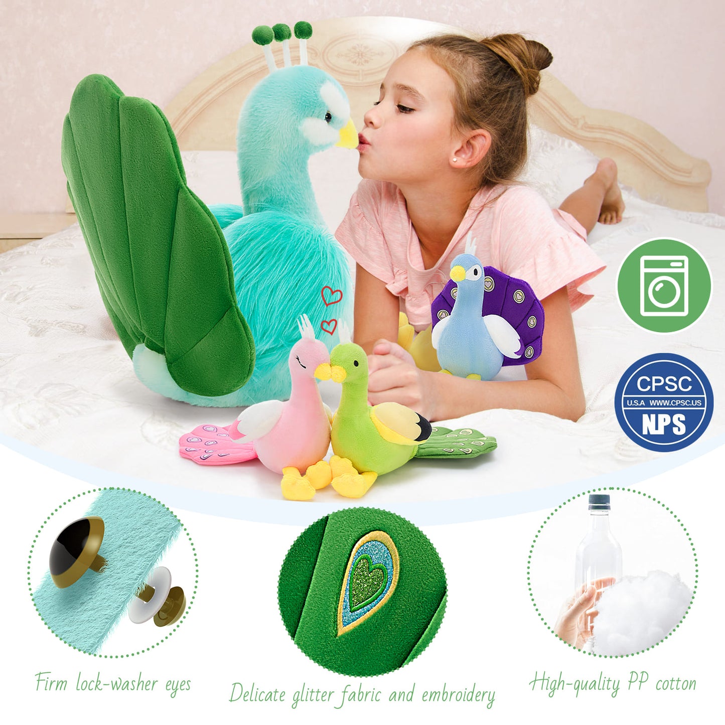 Soft and huggable peacock stuffed animal with baby peacocks plush family set ideal for imaginative play bedtime comfort nursery room decor birthday gifts and cute wildlife themed collections