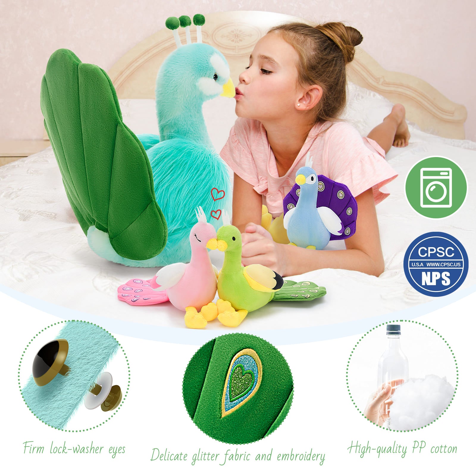 4 Pcs Peacock Stuffed Animals With Babies Inside, Blue/Pink, 17.7 Inches