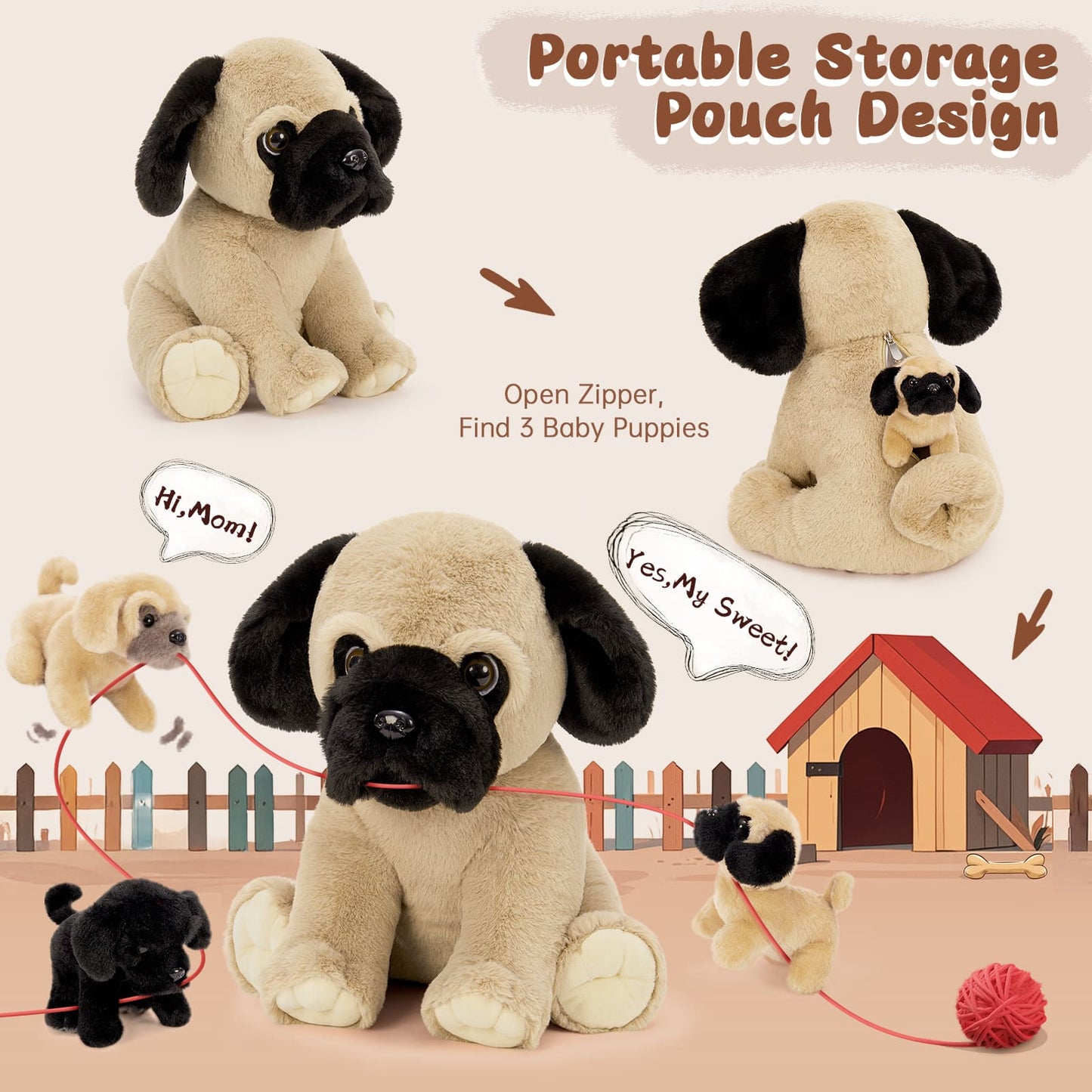 MorisMos Pug Dog Stuffed Animal with Babies,18'' Large Mommy Dog Push with Baby Puppy Toys for Kids,4Pcs Realistic Bulldog Toys for Girl Boy, Stuffed Pug Toy Gift for Birthday Christmas