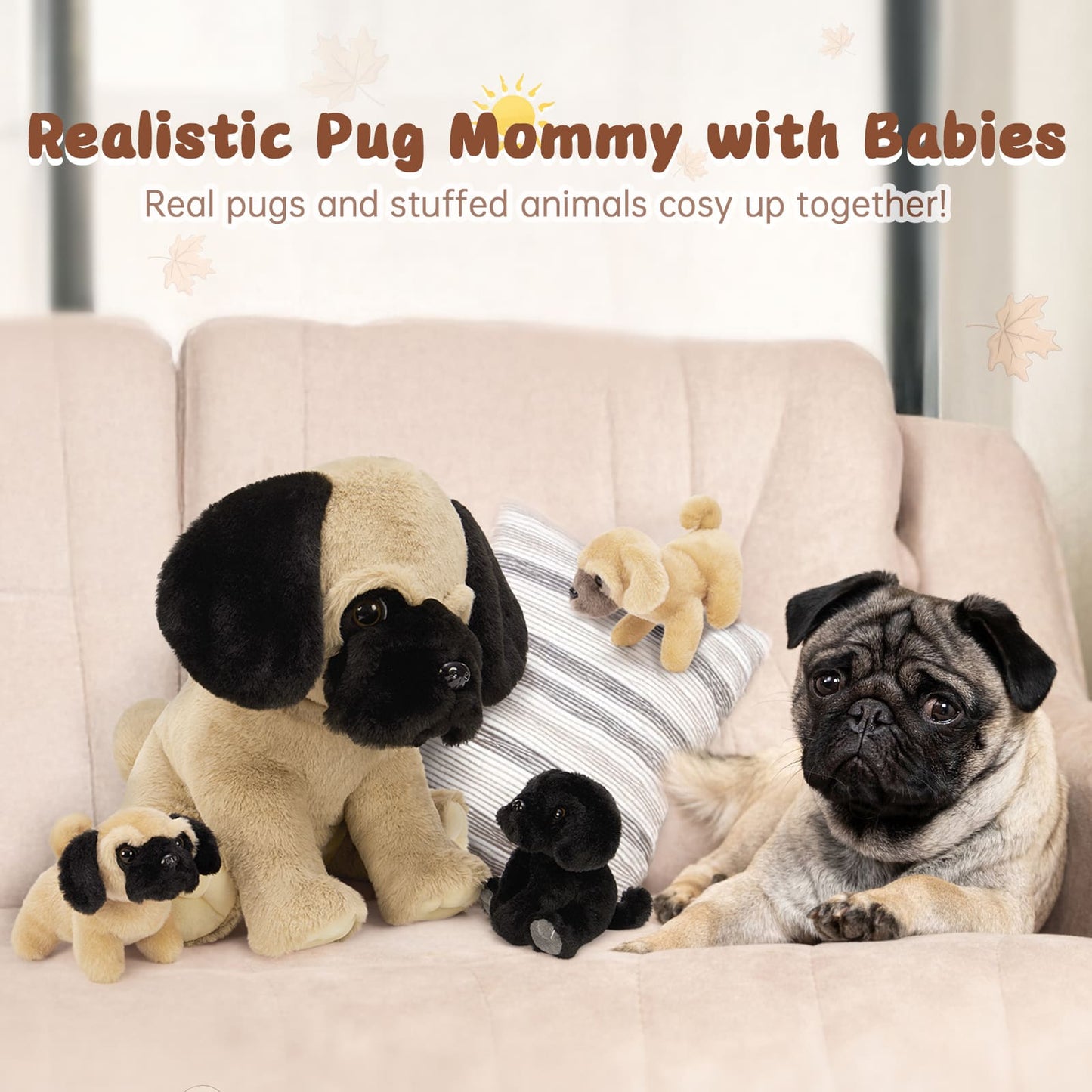 MorisMos Pug Dog Stuffed Animal with Babies,18'' Large Mommy Dog Push with Baby Puppy Toys for Kids,4Pcs Realistic Bulldog Toys for Girl Boy, Stuffed Pug Toy Gift for Birthday Christmas