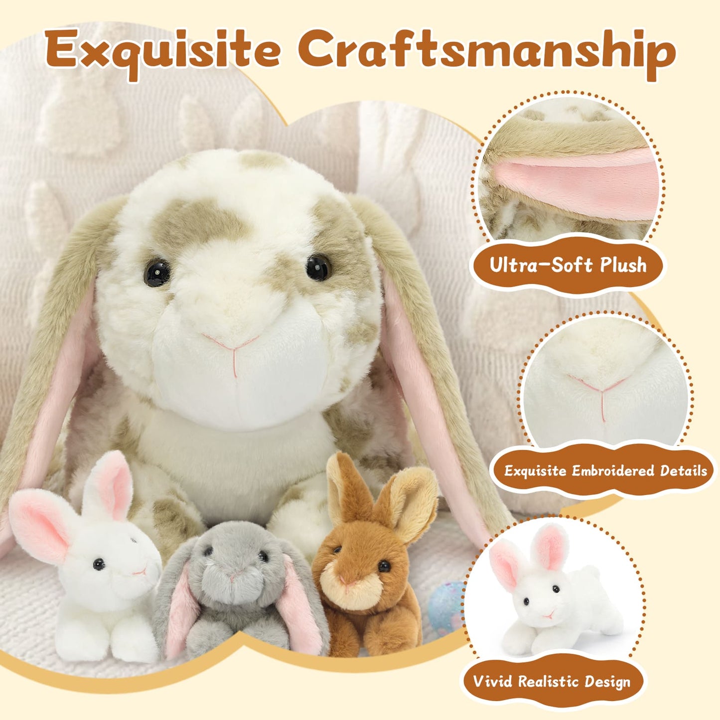 Premium bunny plush toy set with soft fur long ears and baby rabbits cuddly stuffed animal designed for kids comfort playtime and gift giving occasions