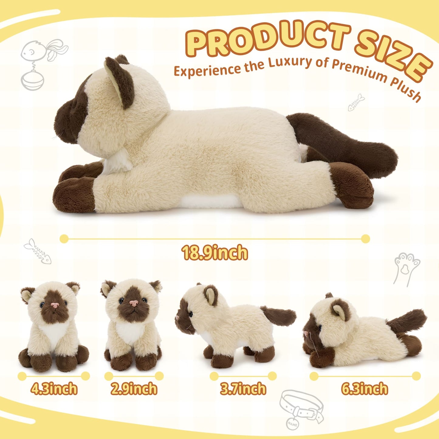 Plush cat toy with size chart on a yellow background