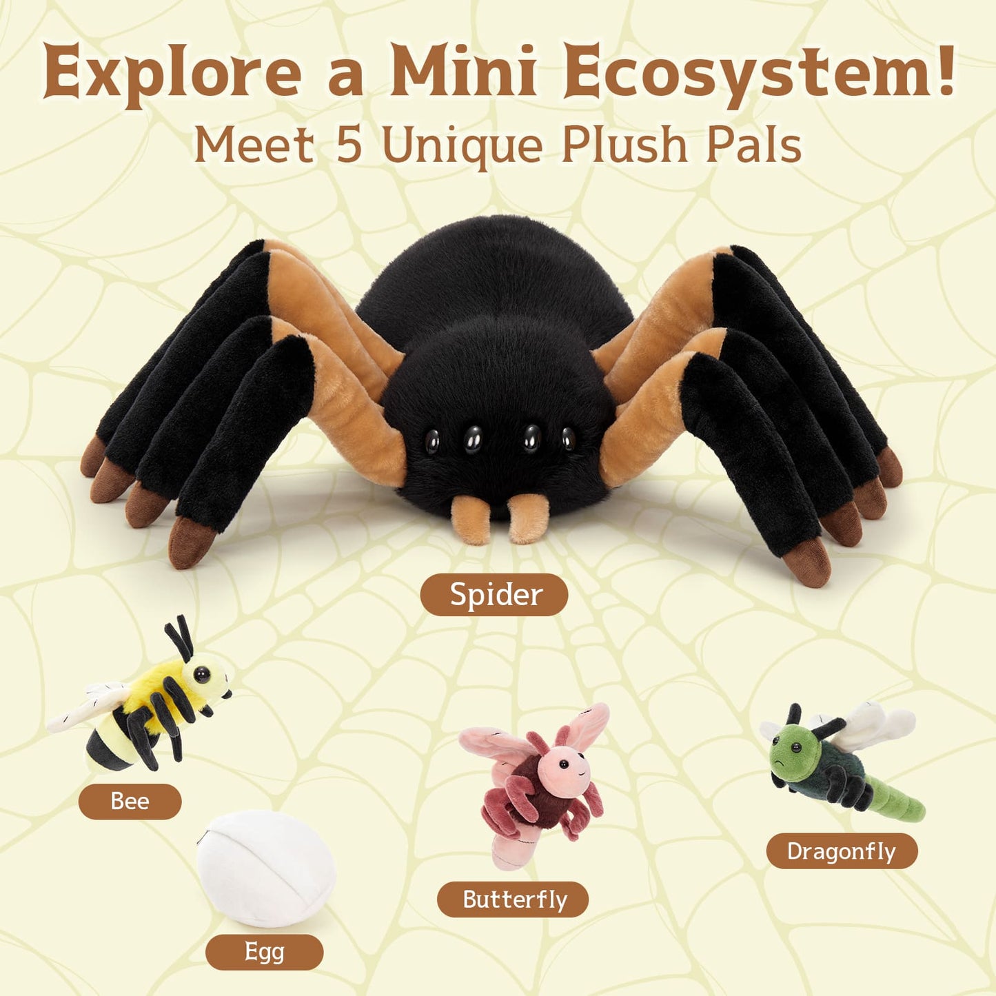 MorisMos 5 Pcs Spider Stuffed Animal, 16-inch Large Spider Plush with Butterfly, Dragonfly, Bee, Eggshell, Soft Plush Toys for Kids, Boys, Girls
