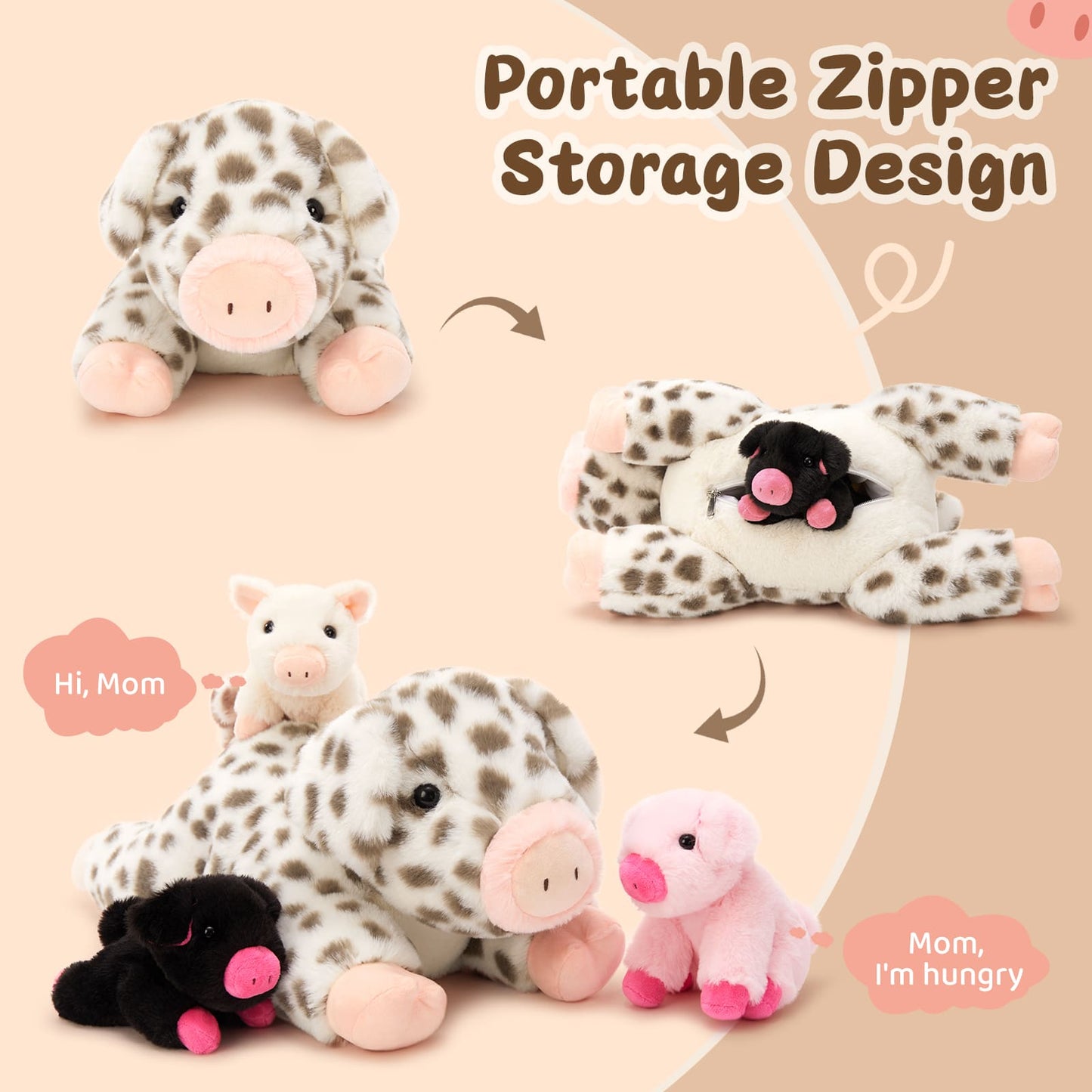 Lifelike Spotted Pig Stuffed Animals - Piglet Stuffed Animals with Their Mom - Pig Stuffed Animals with Babies in the Belly - Mommy Pig Stuffed Animal with 3 Baby plushie Piggies - Fluffy Farm Animal Toy- Squishy Piglet Stuffed Animal Gift for Kids - Ideal Gifts for Girls Boys