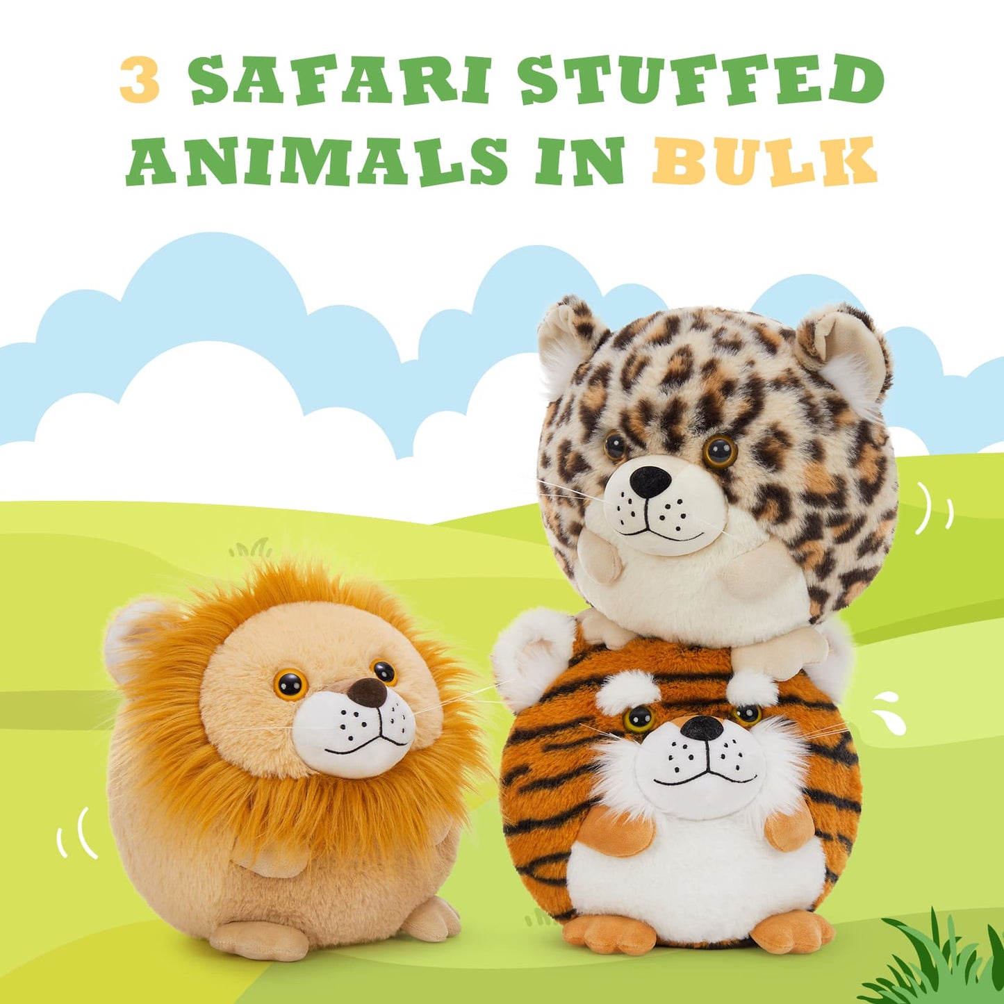 10.6 Inches Round stuffed animal plush pillows of a lion, leopard, and tiger, soft jungle-themed cuddle toys for kids and home décor.