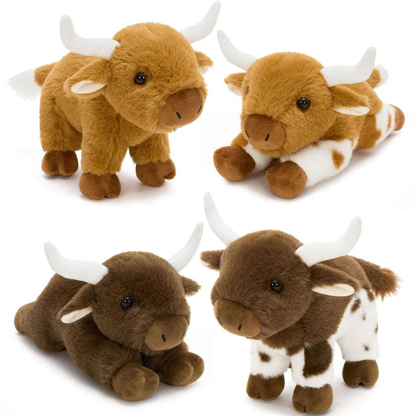 4PCS Longhorn Cow Plush Toy Set Farm Animal Plushies for Kids