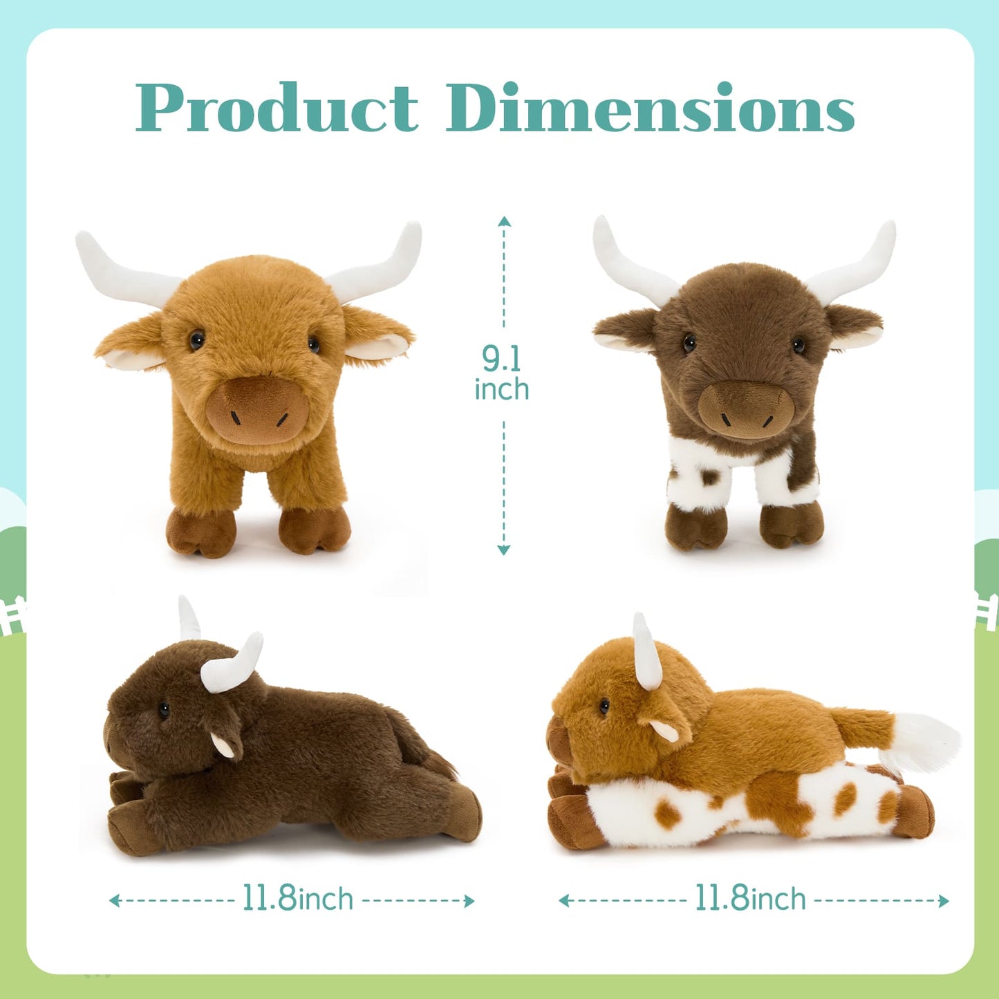 Four cute farm animal plush cows with long horns and soft stuffing, shown as a matching collectible toy set.