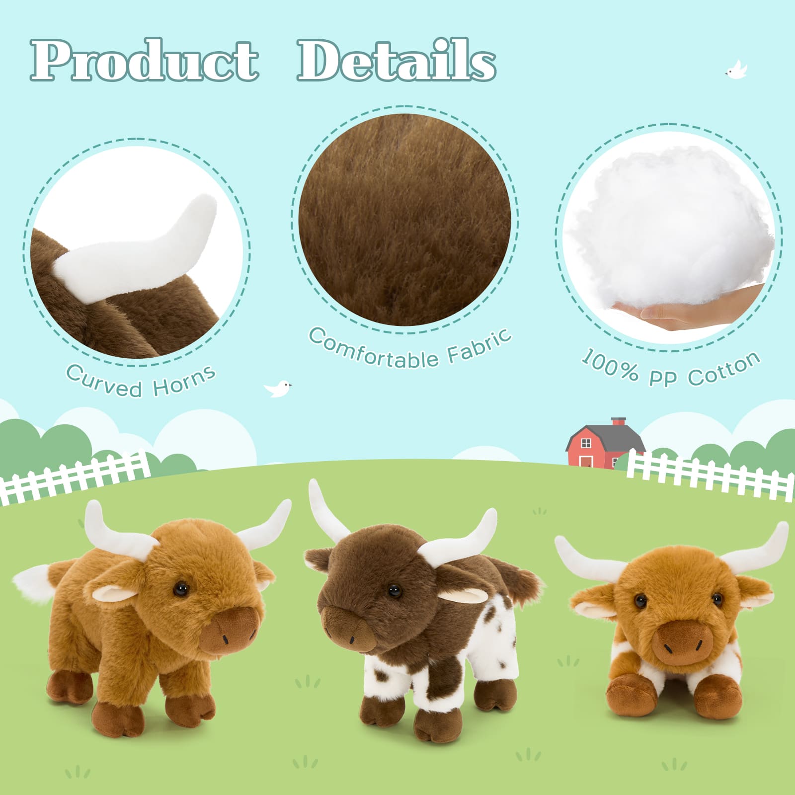 4PCS Longhorn Cow Plush Toy Set Farm Animal Plushies for Kids