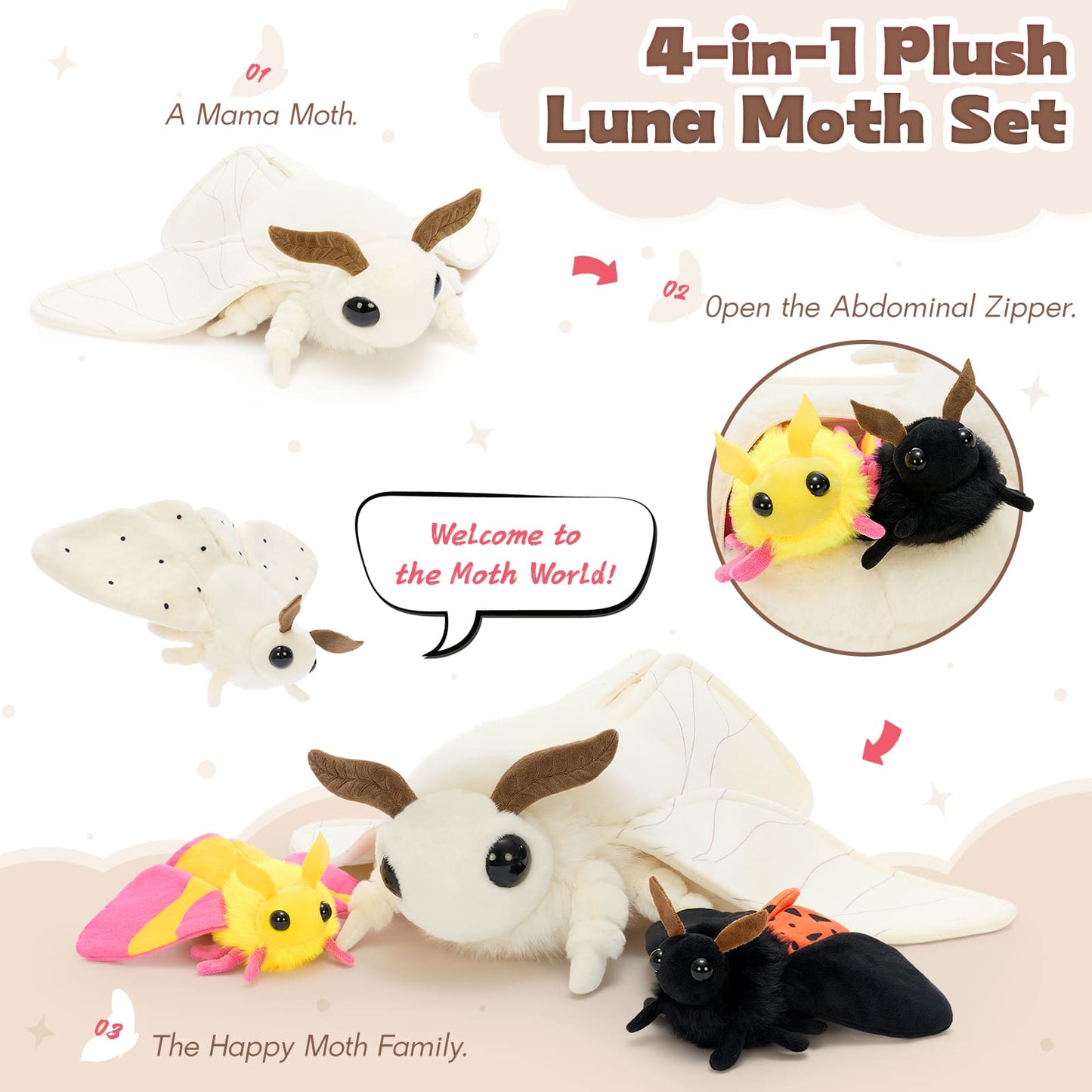 Soft giant moth plush toy with pocket and removable baby insect plushies, a whimsical bug stuffed animal set for plush collectors, kids’ rooms, nurseries, and unique gift ideas.