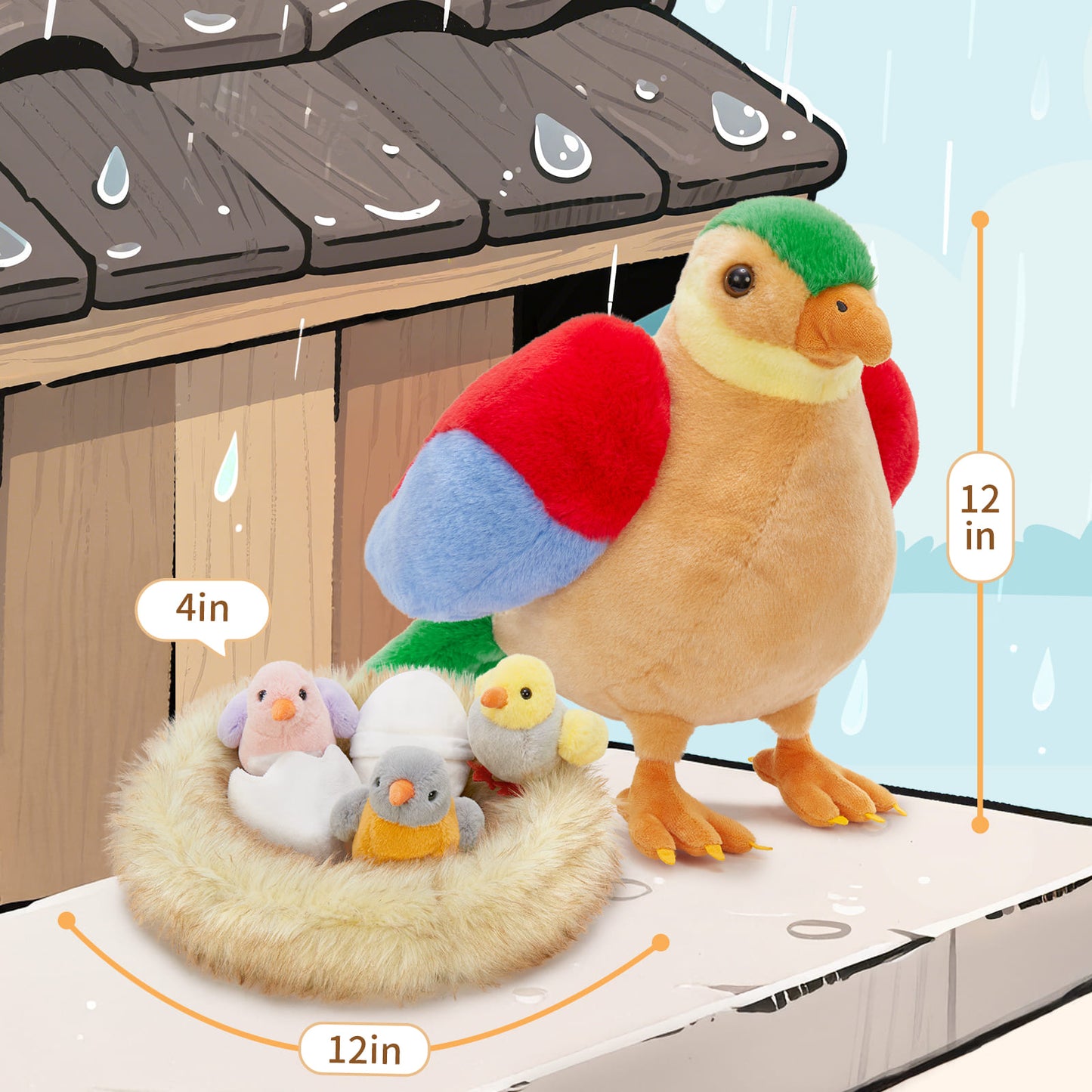 MorisMos 7Pcs Bird Stuffed Animals, Mommy Bird with Babies Eggs Nest, Colorful Birds Plush Toys Gifts for Toddlers, Kids, Boys, Girls, 12 inch