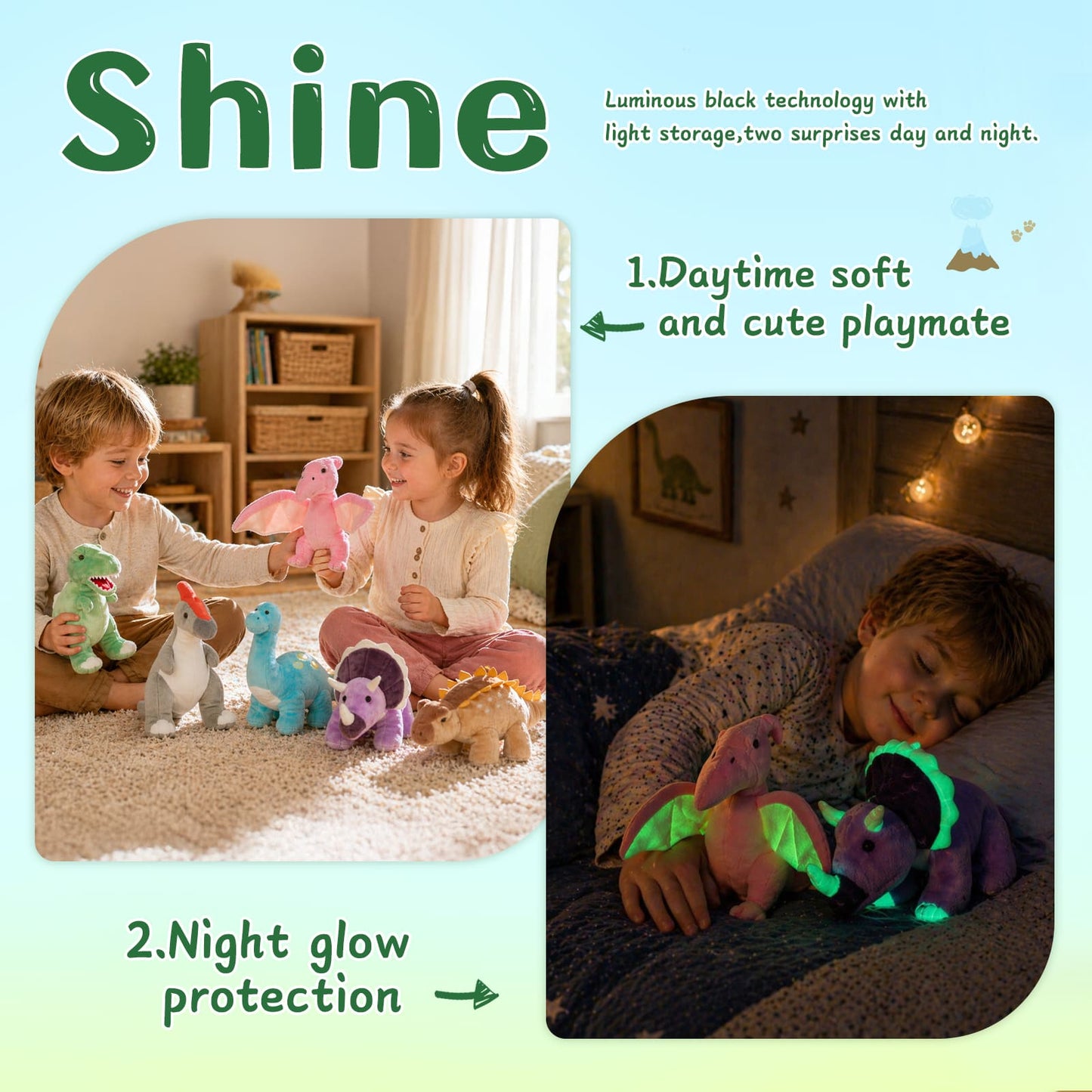 Soft colorful dinosaur plushies displayed together for kids’ imaginative play