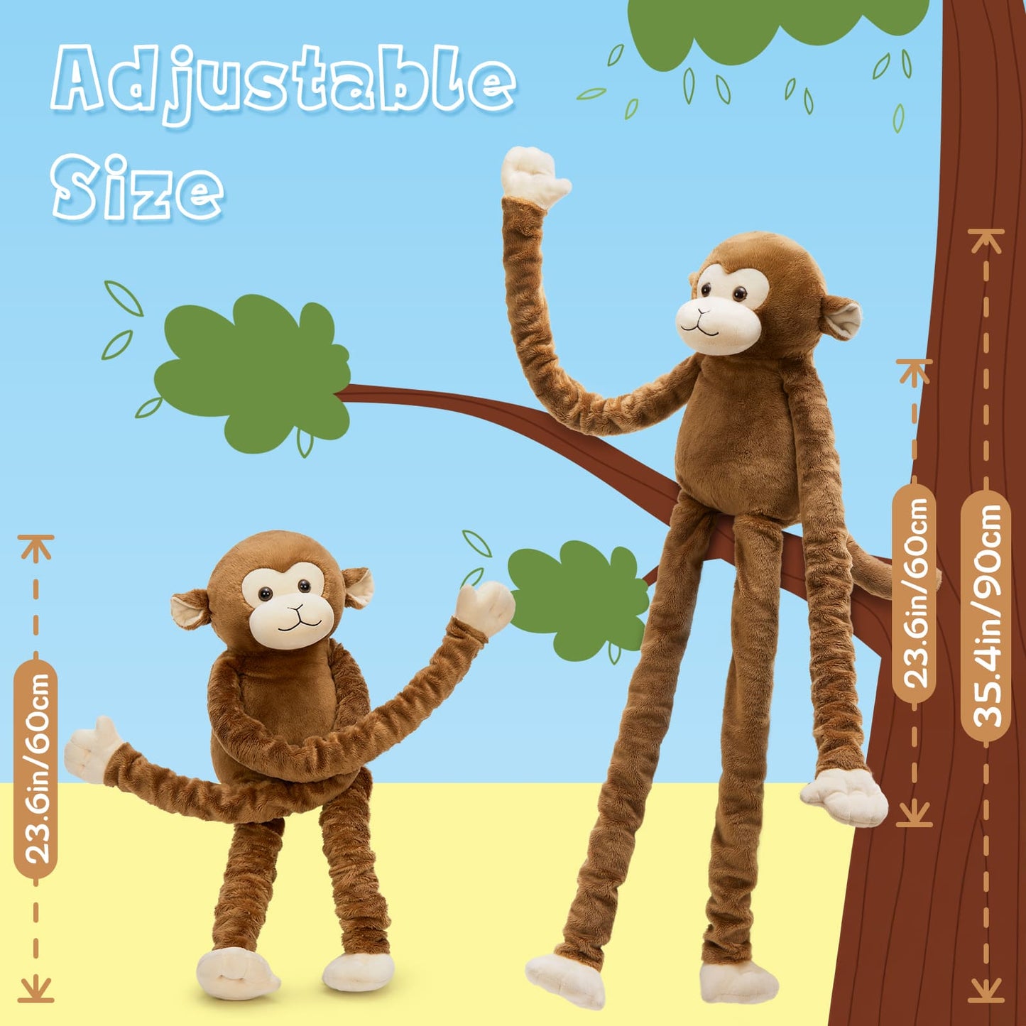 MorisMos Weighted Monkey Stuffed Animal for Anxiety Relief,23.6"~35.4" Stretchable Long-Legged Monkey Toy Gift for Kid Adult, Microwavable Heating Weighted Stuffed Animal for Birthday Christmas Decor