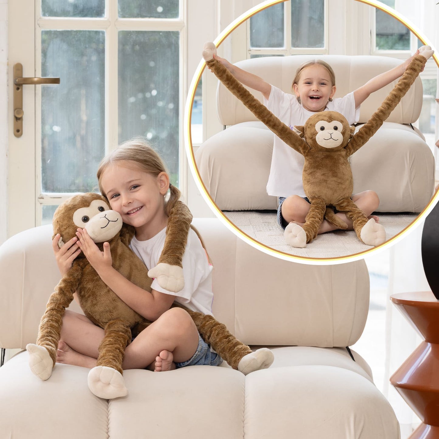 MorisMos Weighted Monkey Stuffed Animal for Anxiety Relief,23.6"~35.4" Stretchable Long-Legged Monkey Toy Gift for Kid Adult, Microwavable Heating Weighted Stuffed Animal for Birthday Christmas Decor