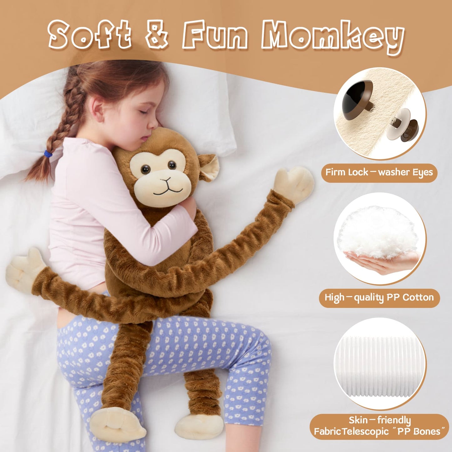 MorisMos Weighted Monkey Stuffed Animal for Anxiety Relief,23.6"~35.4" Stretchable Long-Legged Monkey Toy Gift for Kid Adult, Microwavable Heating Weighted Stuffed Animal for Birthday Christmas Decor