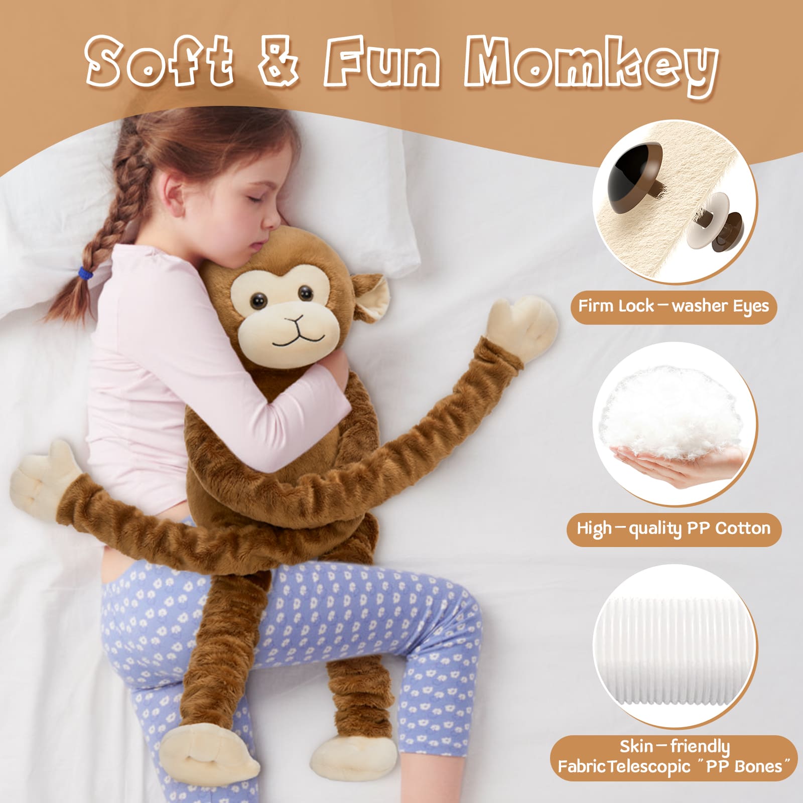 Stretchable Weighted Monkey Plush Toy, 23.6 ~ 35.4 Inches